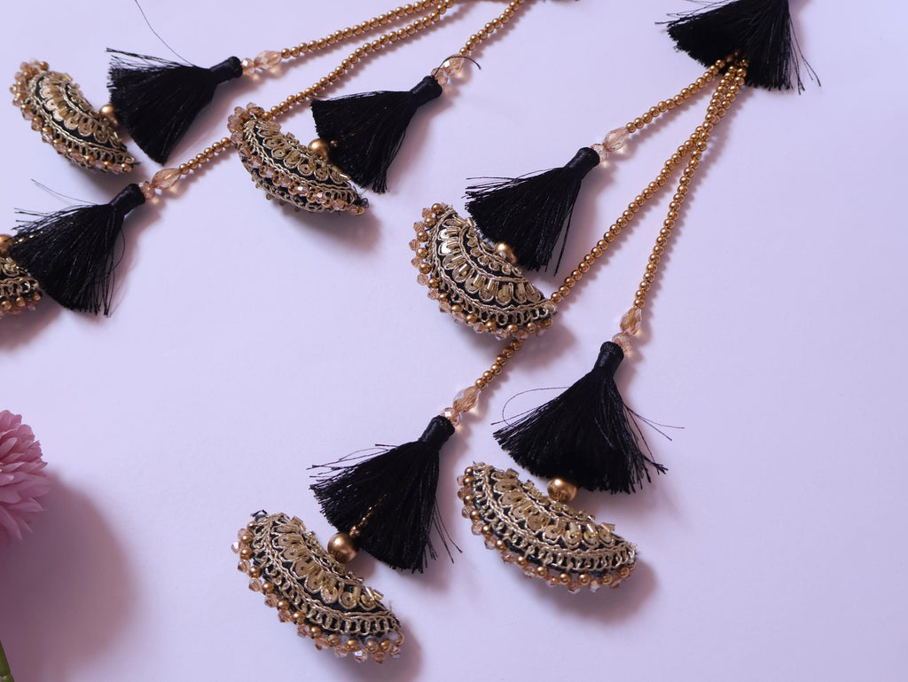 Black & Golden Tassel Latkans, Multi String Lehenga Tiebacks - 1 Pair