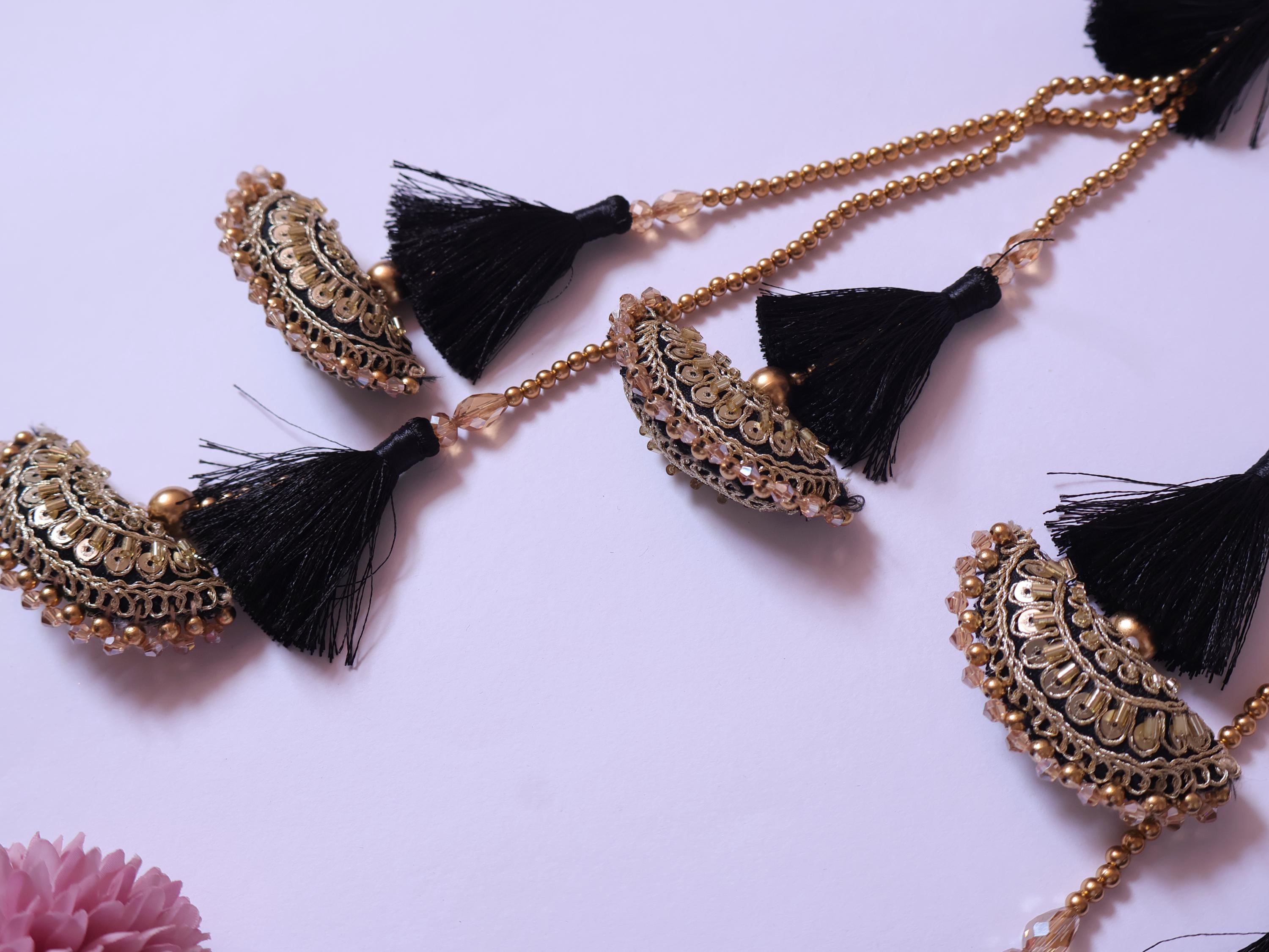 Black & Golden Tassel Latkans, Multi String Lehenga Tiebacks - 1 Pair