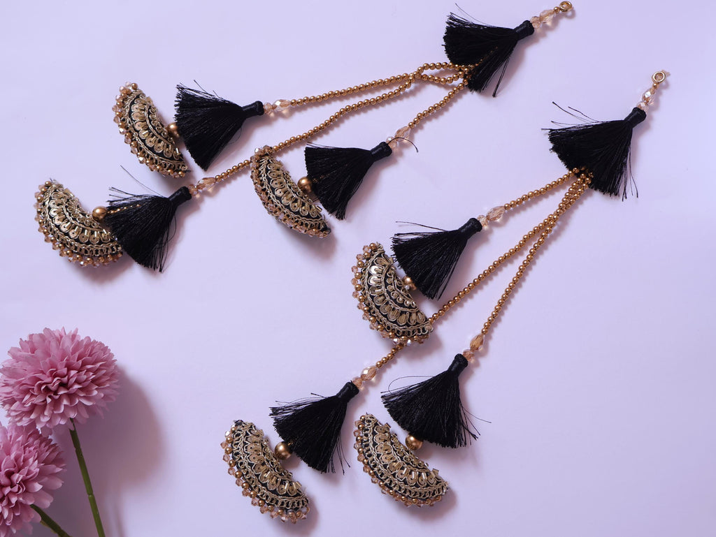 Black & Golden Tassel Latkans, Multi String Lehenga Tiebacks - 1 Pair