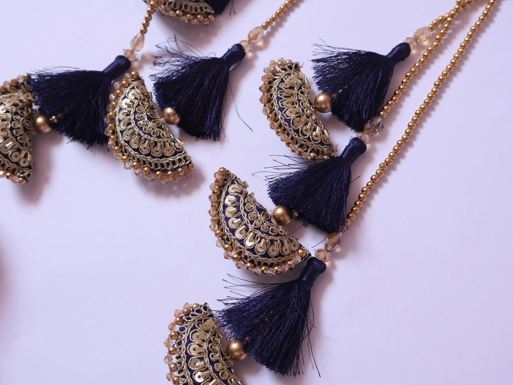 Navy Blue & Golden Tassel Latkans, Multi String Lehenga Tiebacks - 1 Pair