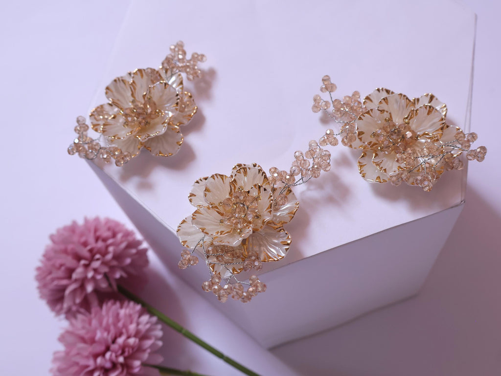 Golden Crystal & Pearl Floral Patch: Handmade Embellishment (Pair)