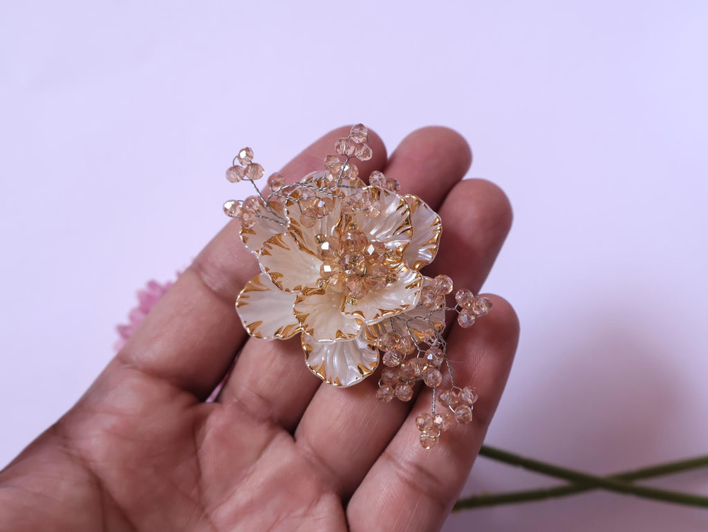 Golden Crystal & Pearl Floral Patch: Handmade Embellishment (Pair)