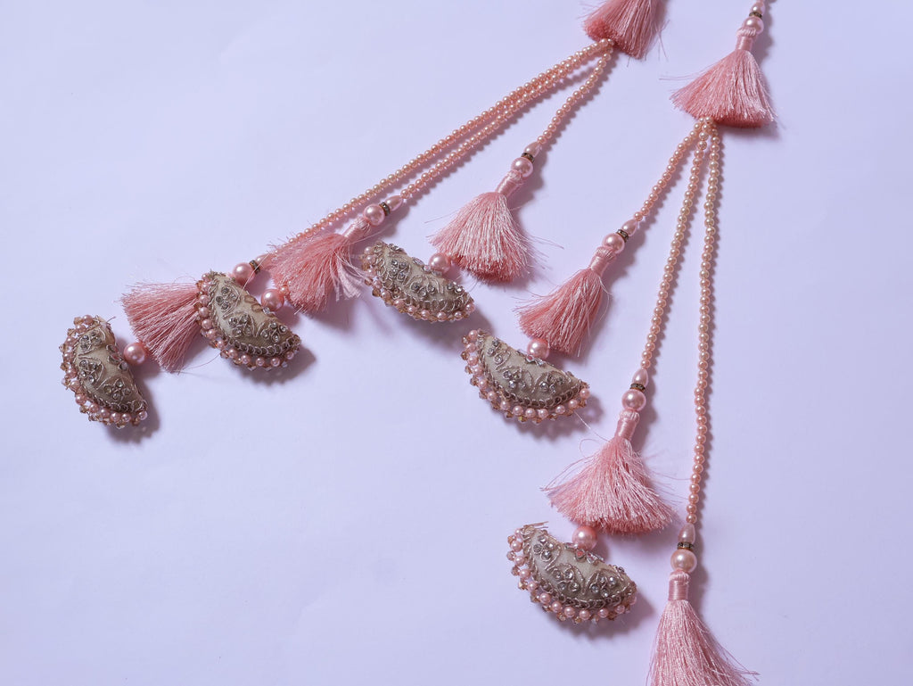 Peach Color Multi Fringe Pearls & Zircon Pillow Latkans Tiebacks - 1 Pair