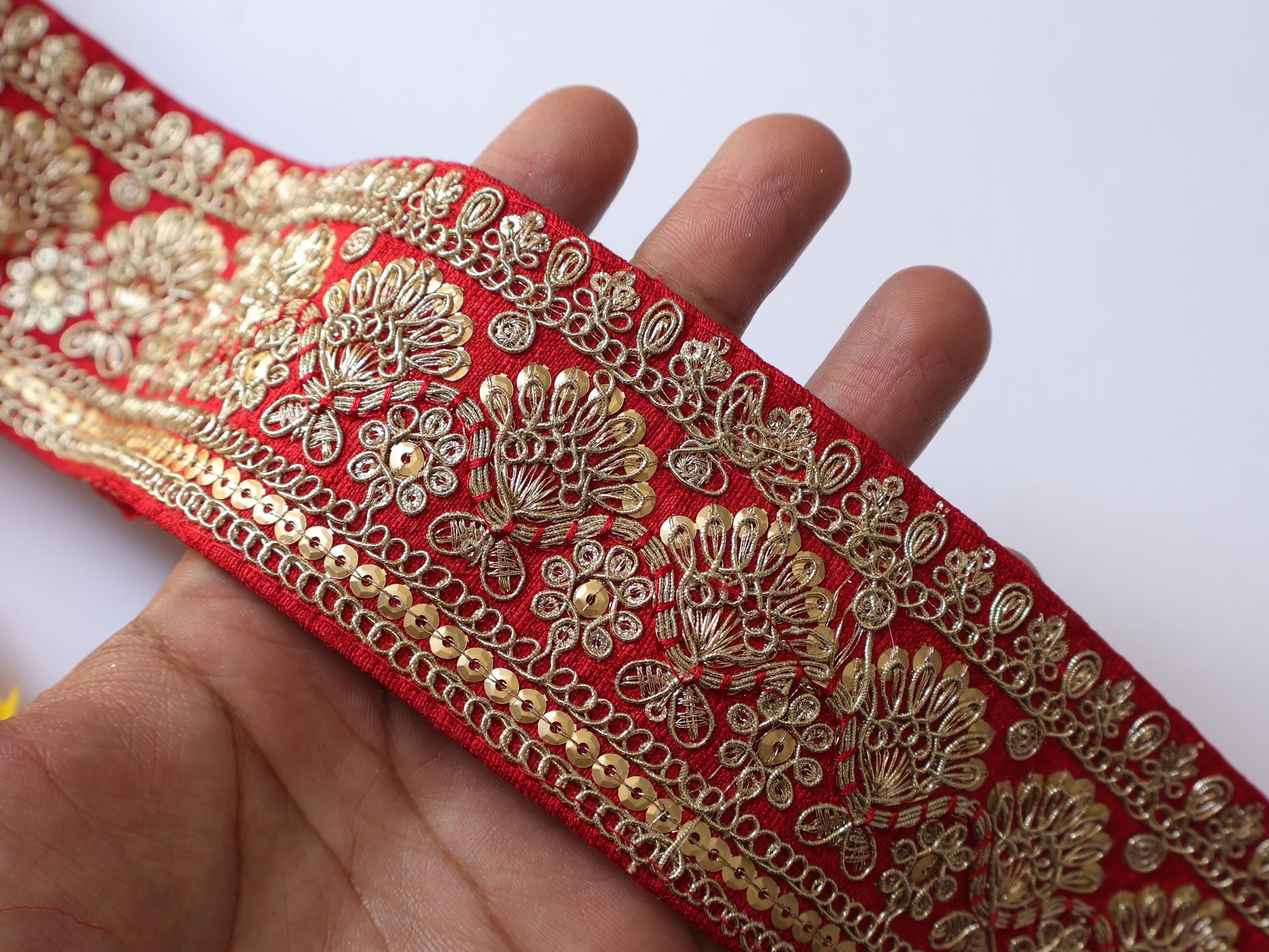 Crimson Red Zari Embroidered Lace Trim: Indian Sari Border 8cm Wide