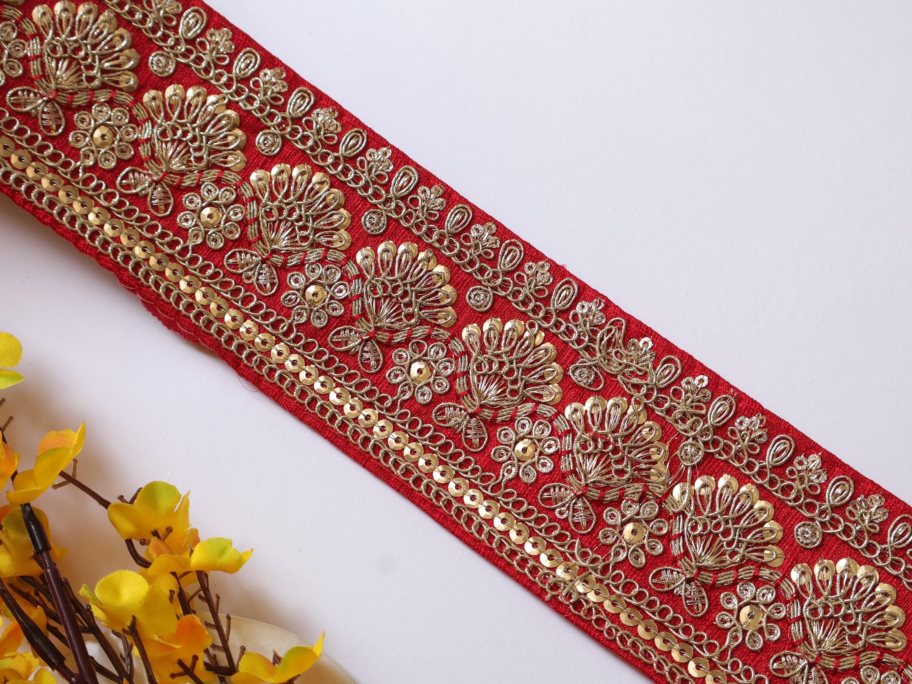 Crimson Red Zari Embroidered Lace Trim: Indian Sari Border 8cm Wide
