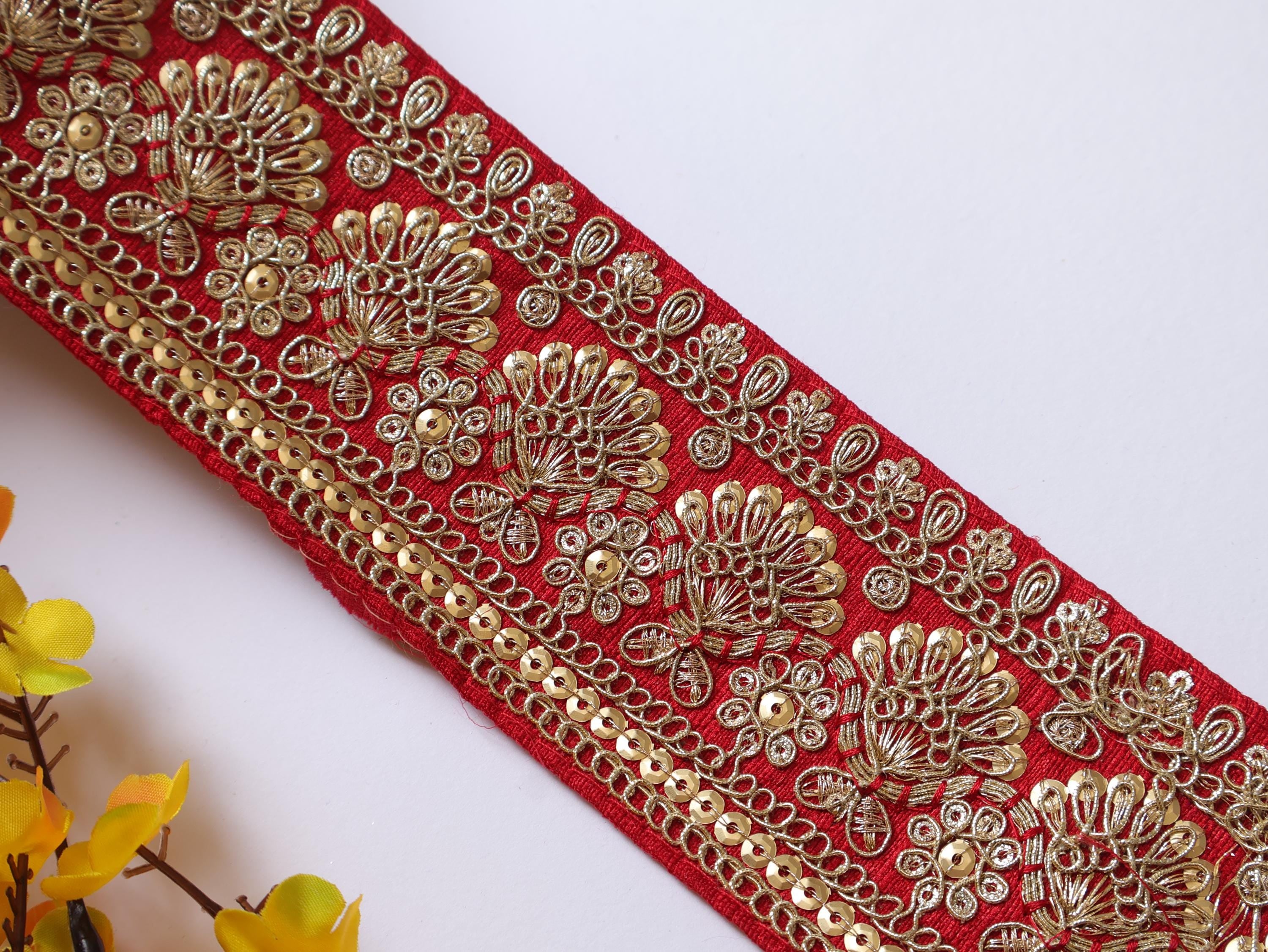 Crimson Red Zari Embroidered Lace Trim: Indian Sari Border 8cm Wide
