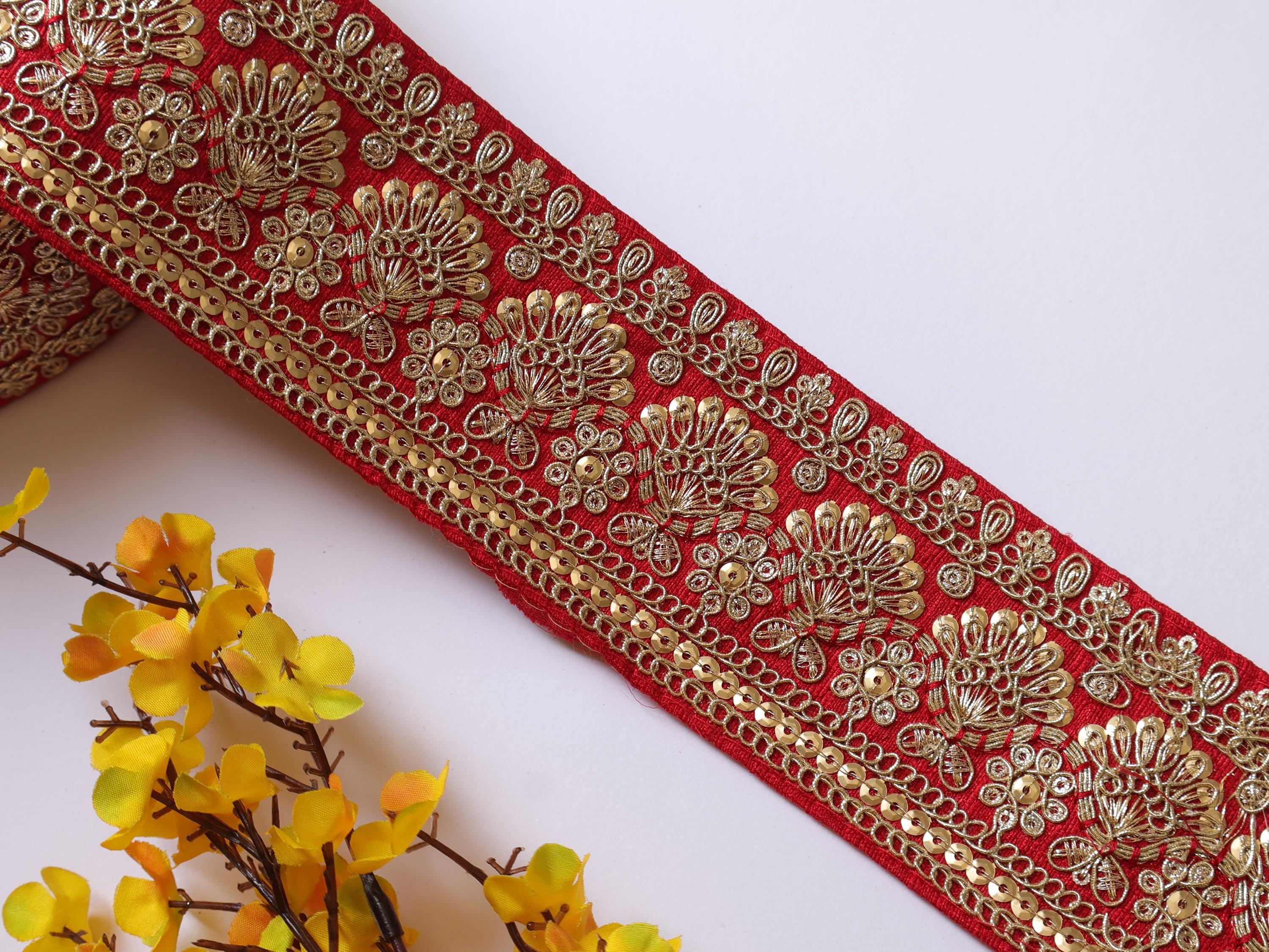 Crimson Red Zari Embroidered Lace Trim: Indian Sari Border 8cm Wide