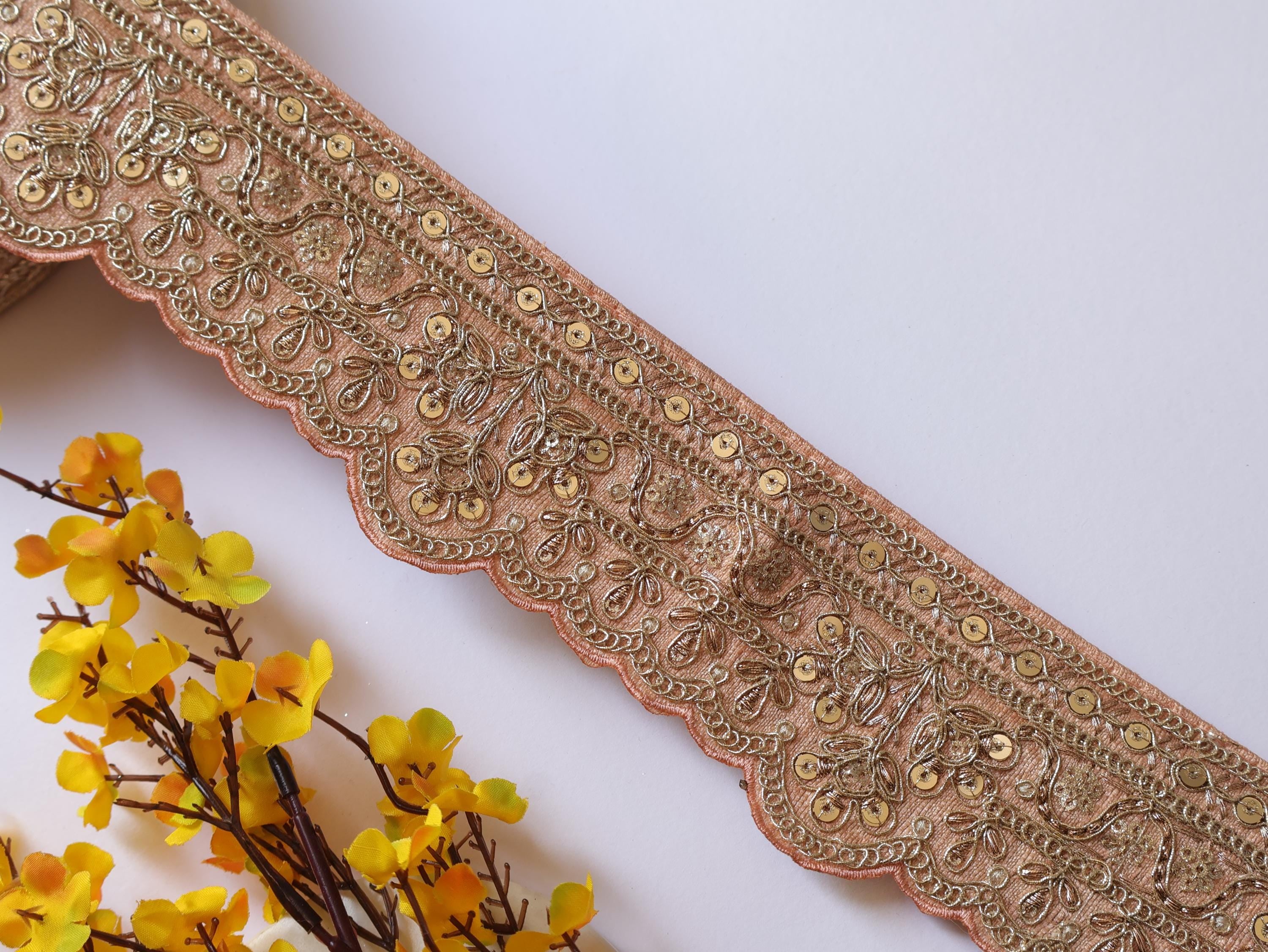 Skin Color Zari Embroidered Lace Trim: Indian Sari Border - 9 yards