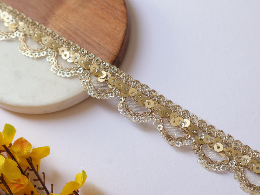 Narrow Golden Scallop Zari Lace Trim: Indian Sequin Border
