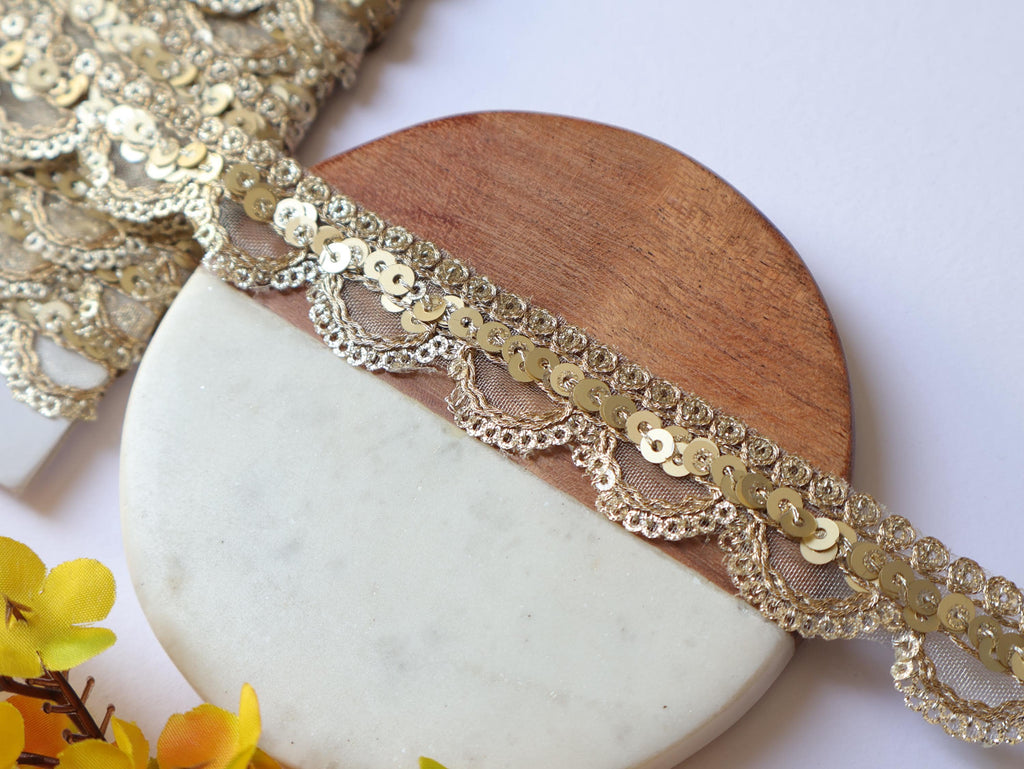 Narrow Golden Scallop Zari Lace Trim: Indian Sequin Border