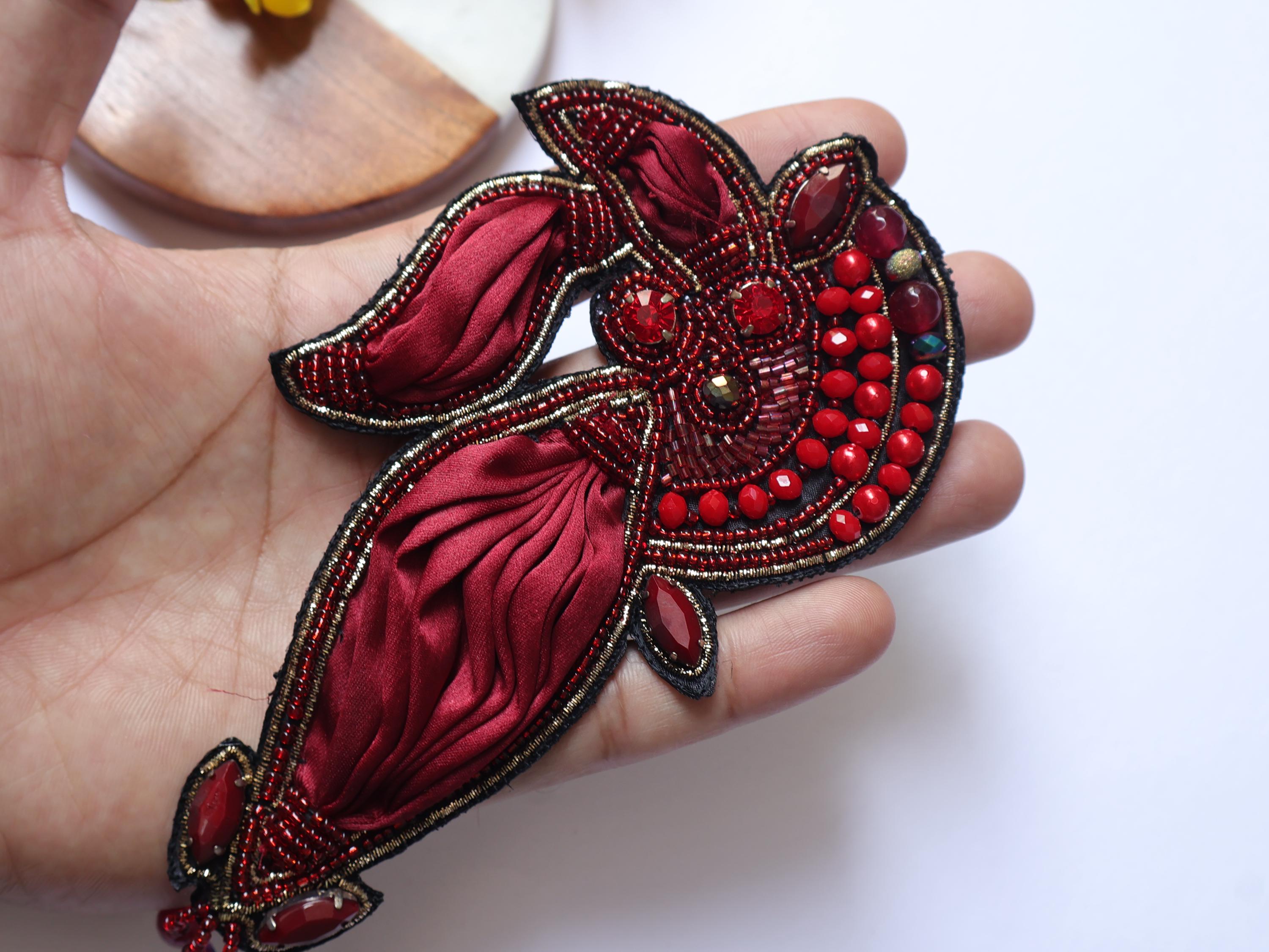 Dark Maroon Vintage Applique Patch: Hand Embroidered Beads Patch