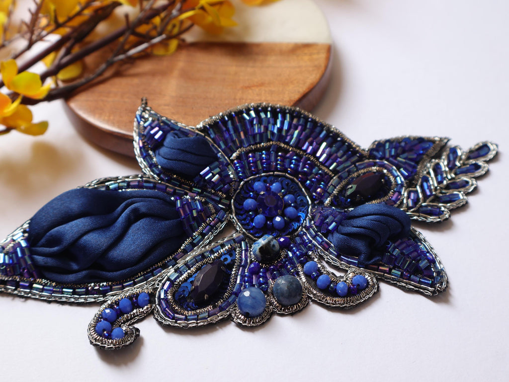 Navy Blue Vintage Applique Patch: Hand Embroidered Beads Patch