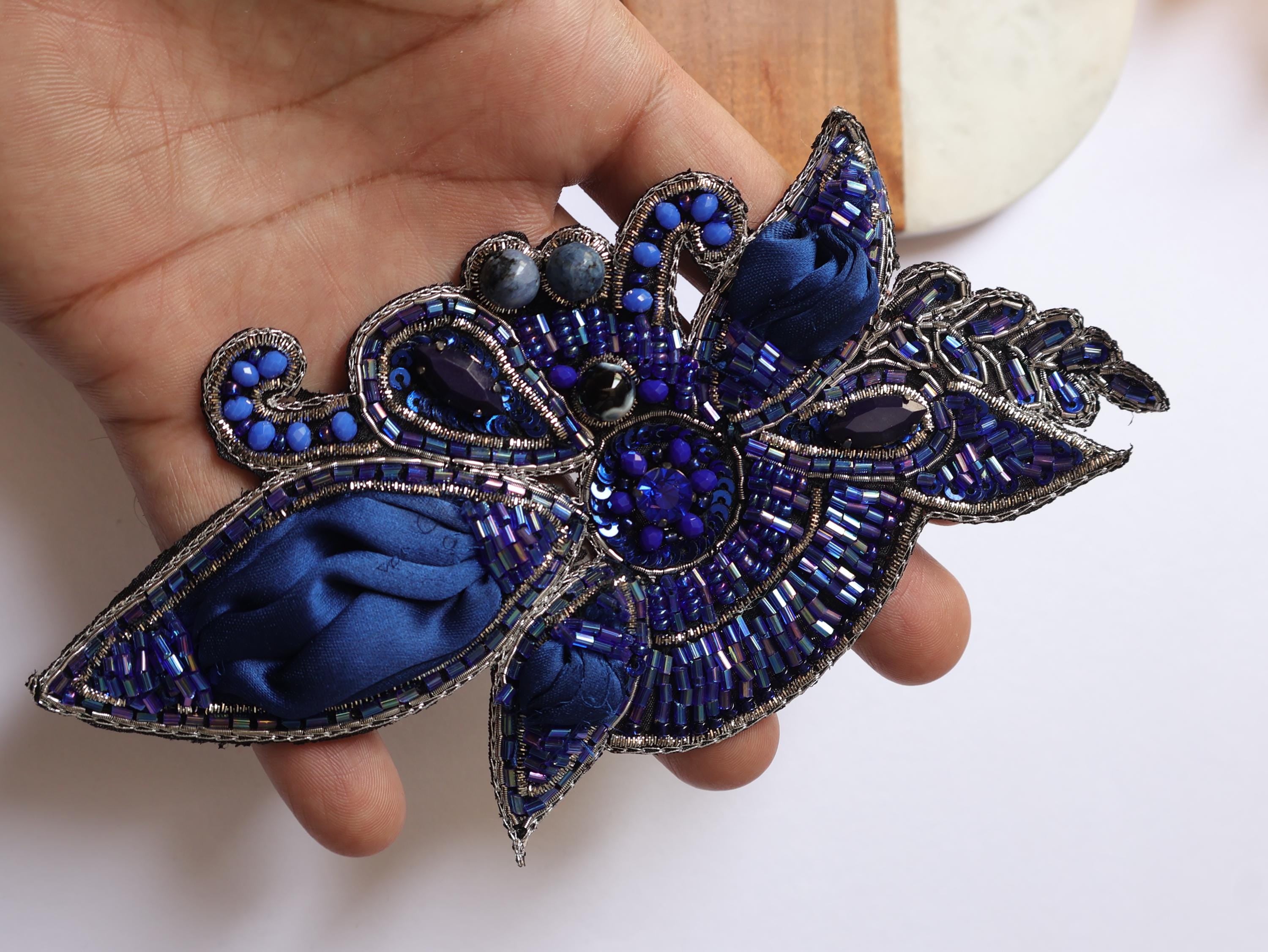 Navy Blue Vintage Applique Patch: Hand Embroidered Beads Patch