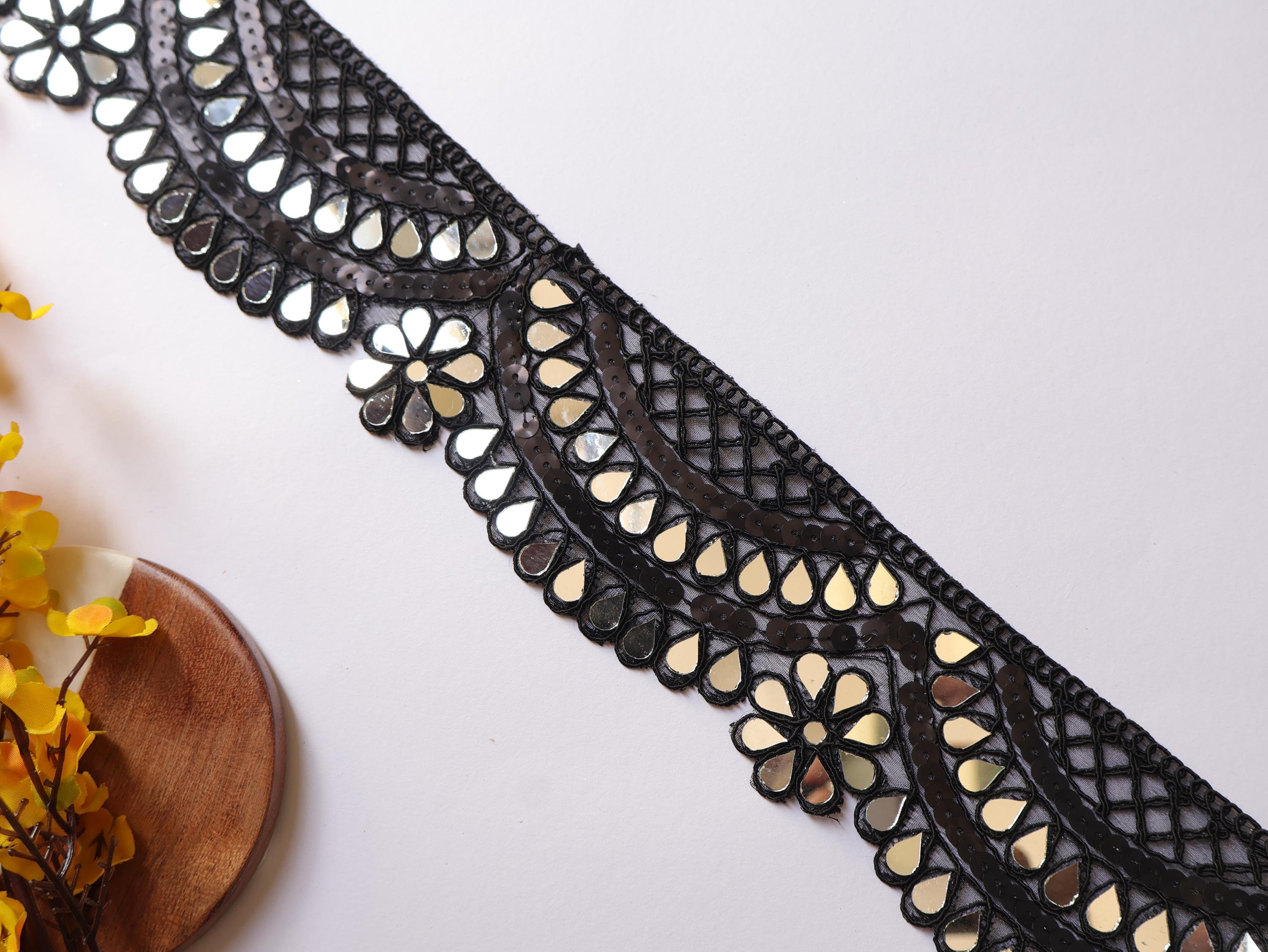 Black Sequin Mirror Border: Waist Belt Trim, 7cm Wide