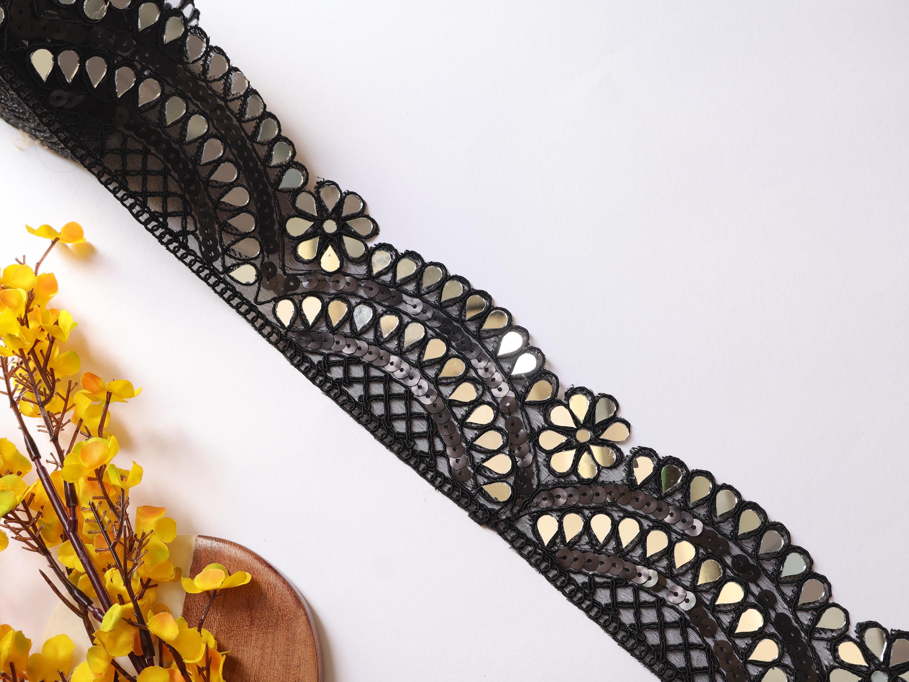 Black Sequin Mirror Border: Waist Belt Trim, 7cm Wide