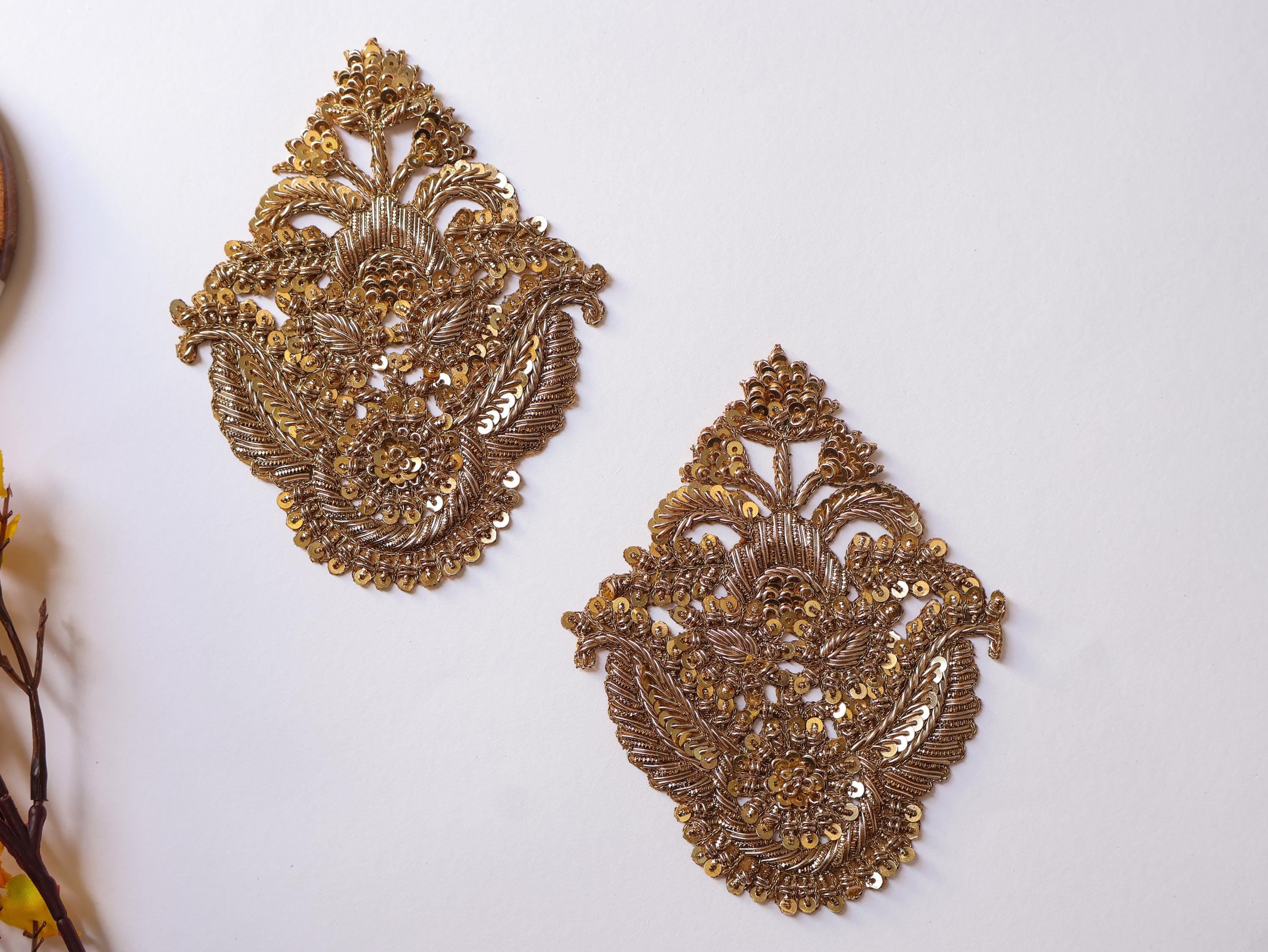 Antique/ Clear Zardozi Embroidered Applique Patch - 1 Pair