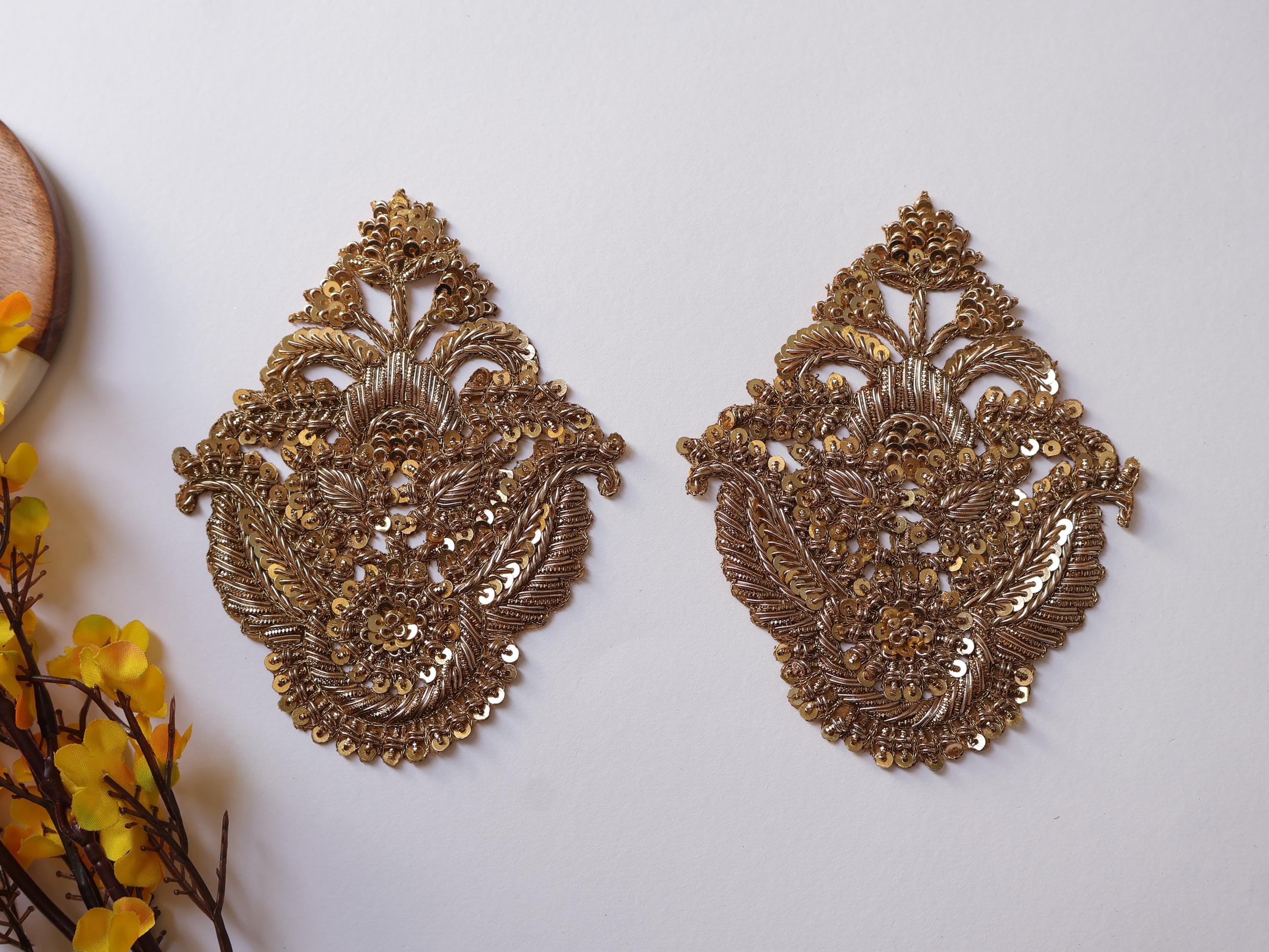 Antique/ Clear Zardozi Embroidered Applique Patch - 1 Pair