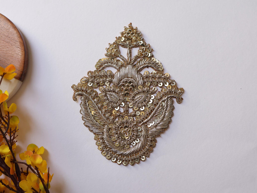 Antique/ Clear Zardozi Embroidered Applique Patch - 1 Pair