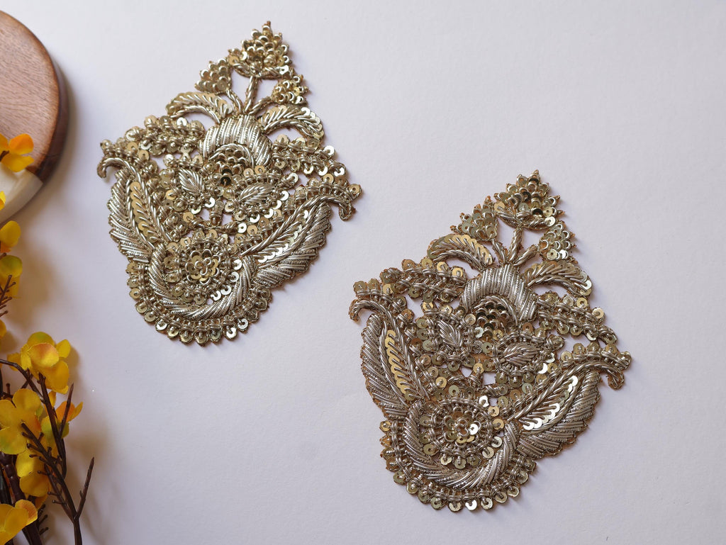 Antique/ Clear Zardozi Embroidered Applique Patch - 1 Pair