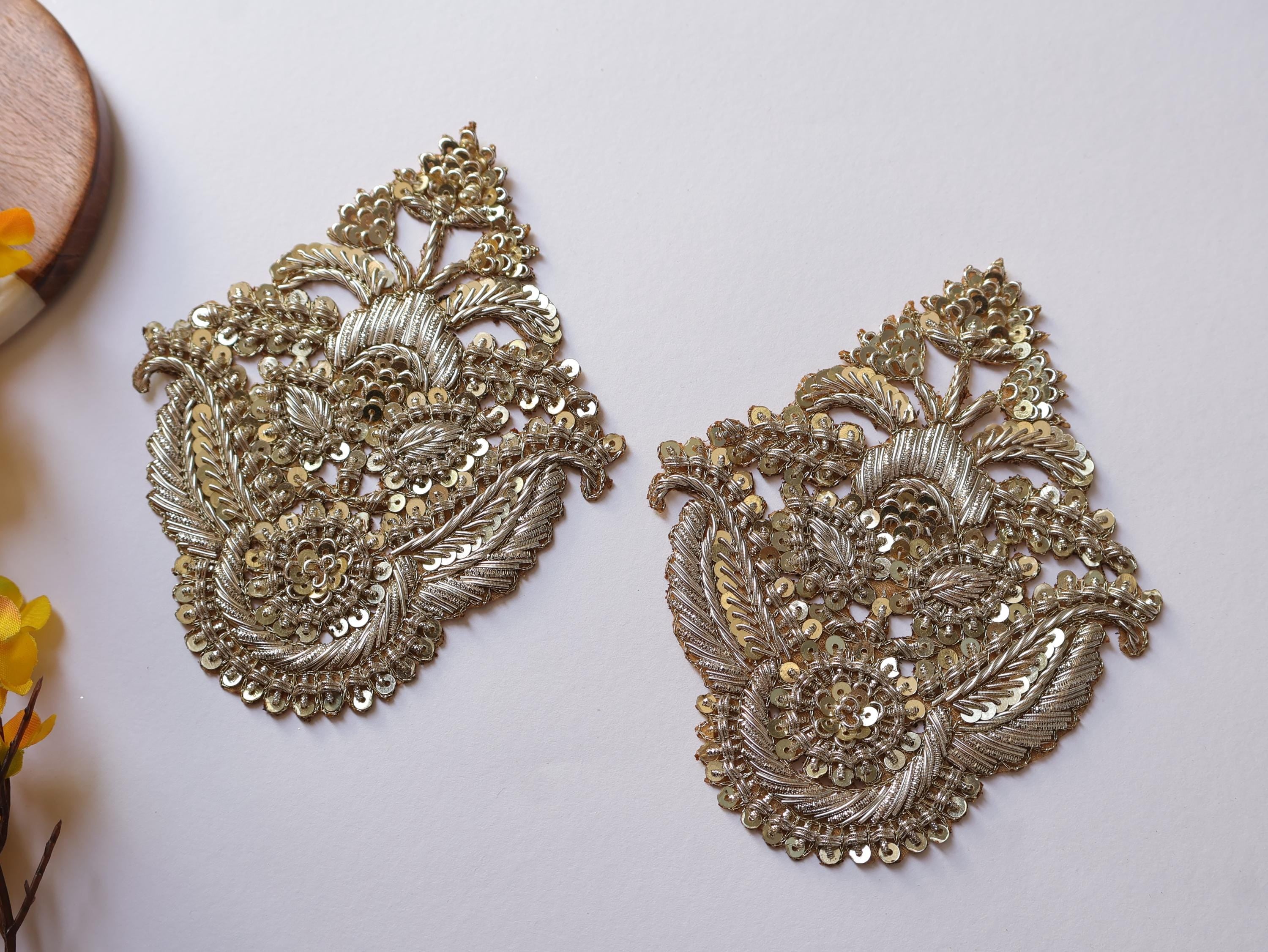 Antique/ Clear Zardozi Embroidered Applique Patch - 1 Pair