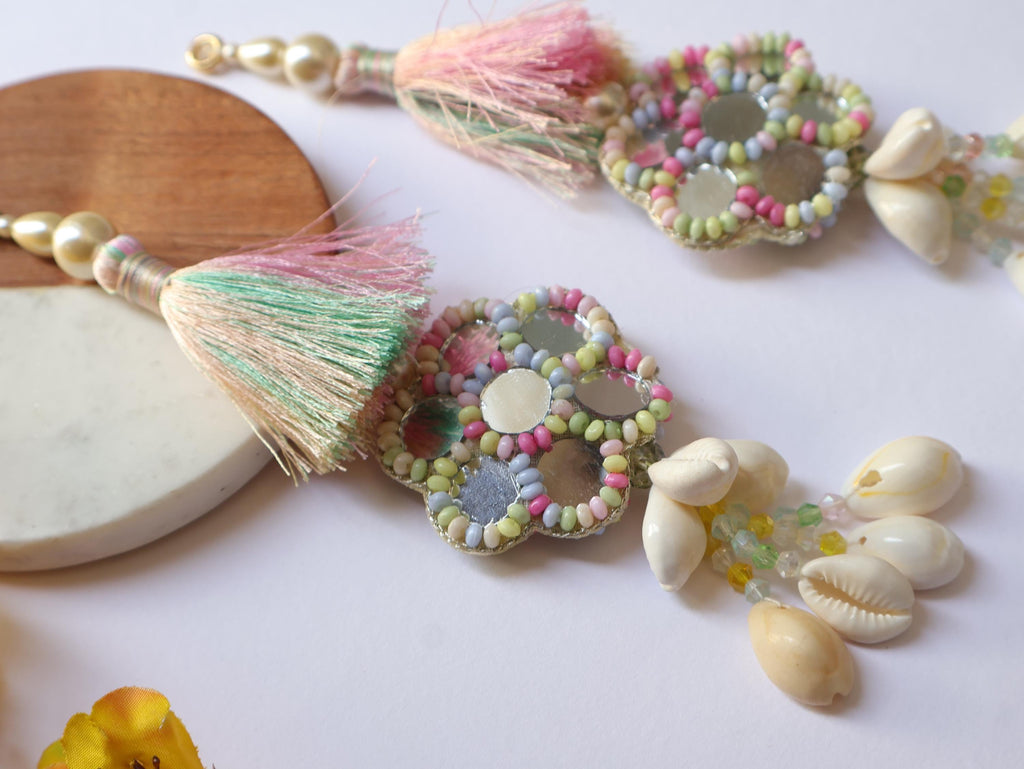 Pastel Fringe Shell & Beaded Indian Tassels: Mirror Sari Latkan - 1Pair