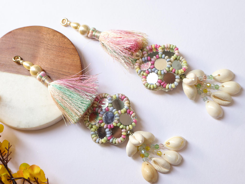 Pastel Fringe Shell & Beaded Indian Tassels: Mirror Sari Latkan - 1Pair