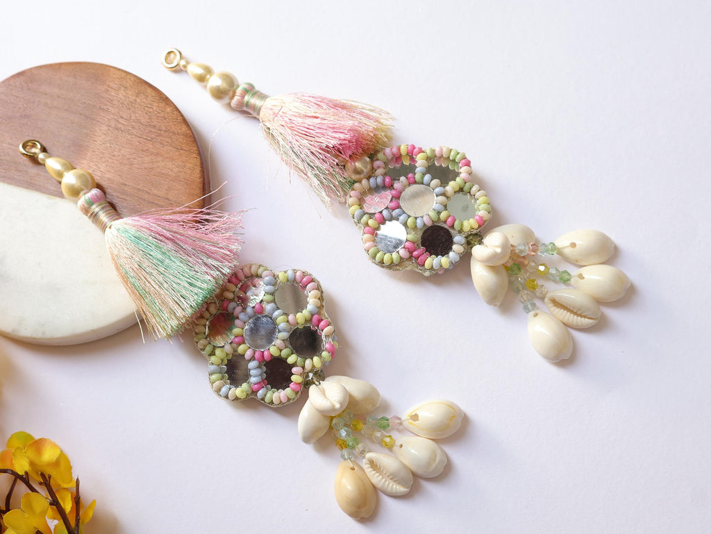 Pastel Fringe Shell & Beaded Indian Tassels: Mirror Sari Latkan - 1Pair