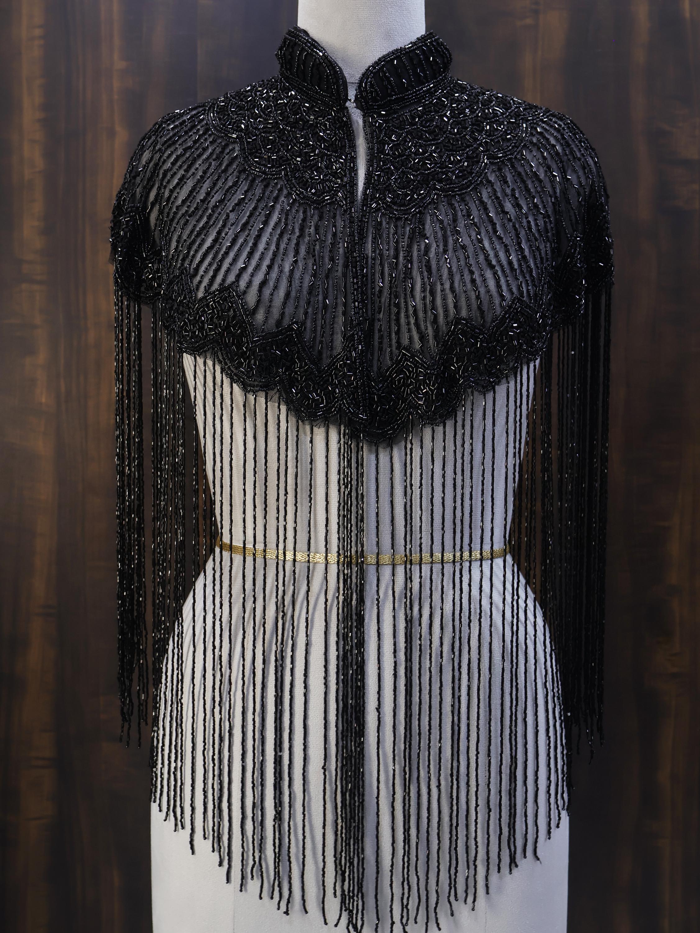 Deep Black Beaded Bridal Cape: Wedding & Evening Cover-Up