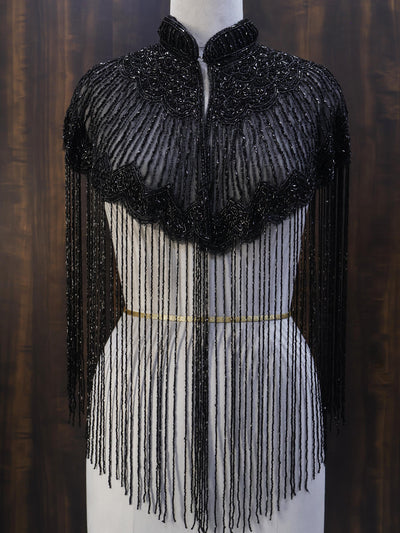 Deep Black Beaded Bridal Cape: Wedding & Evening Cover-Up