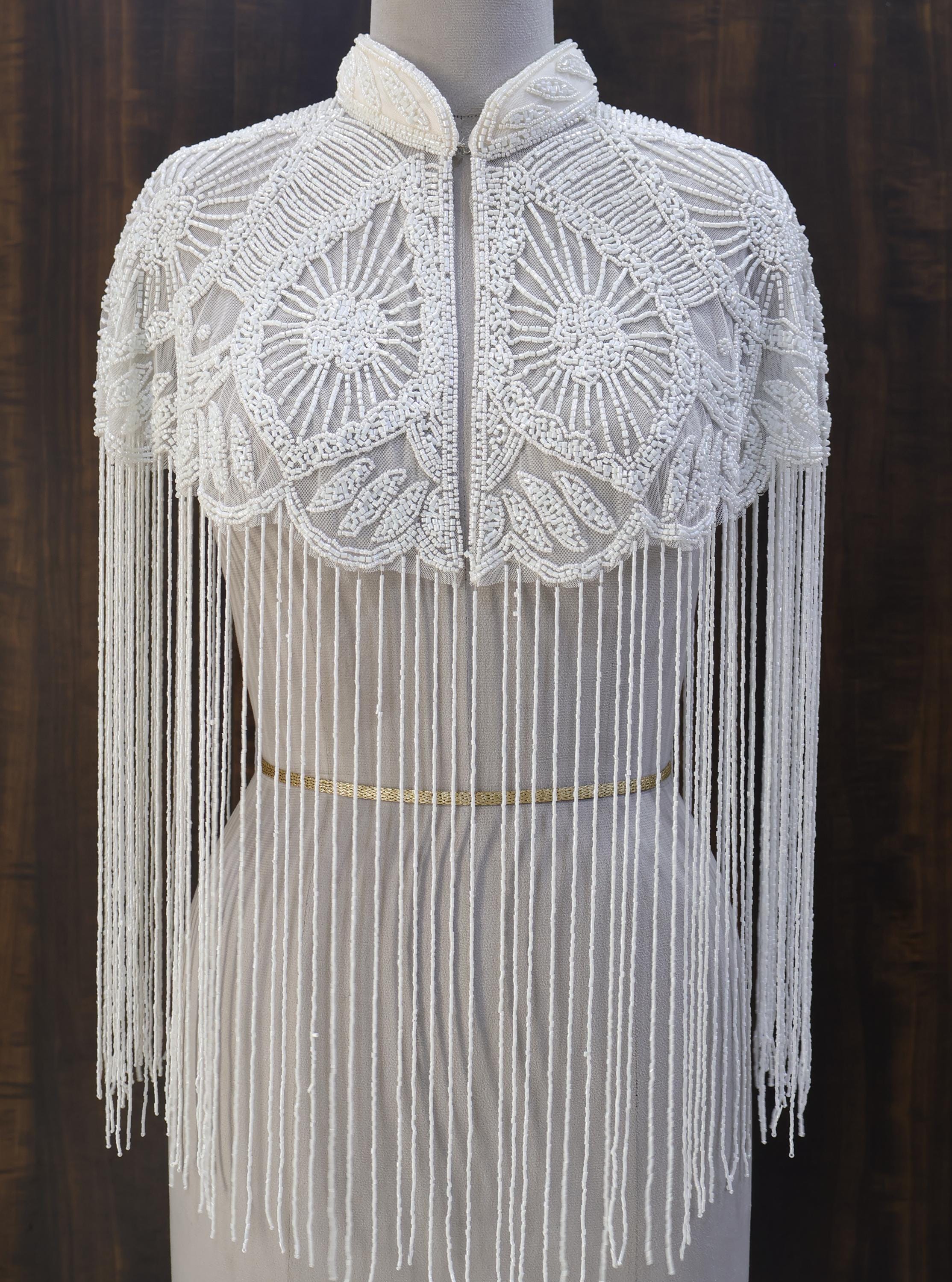 White/ Silver Beaded Bridal Cape: Wedding & Evening Cover-Up Shrug