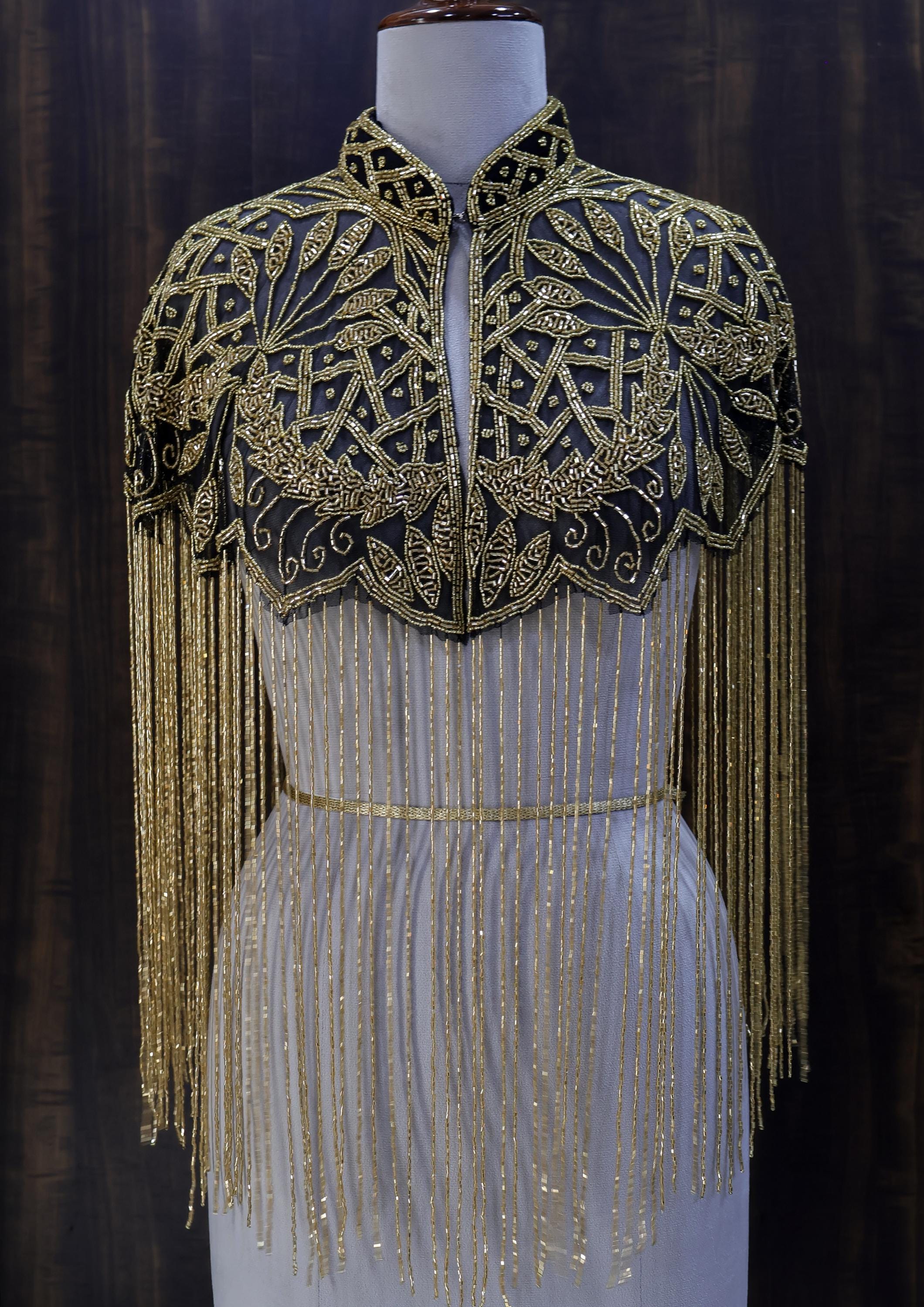 Black/ Golden Beaded Bridal Cape: Wedding & Evening Cover-Up Shrug