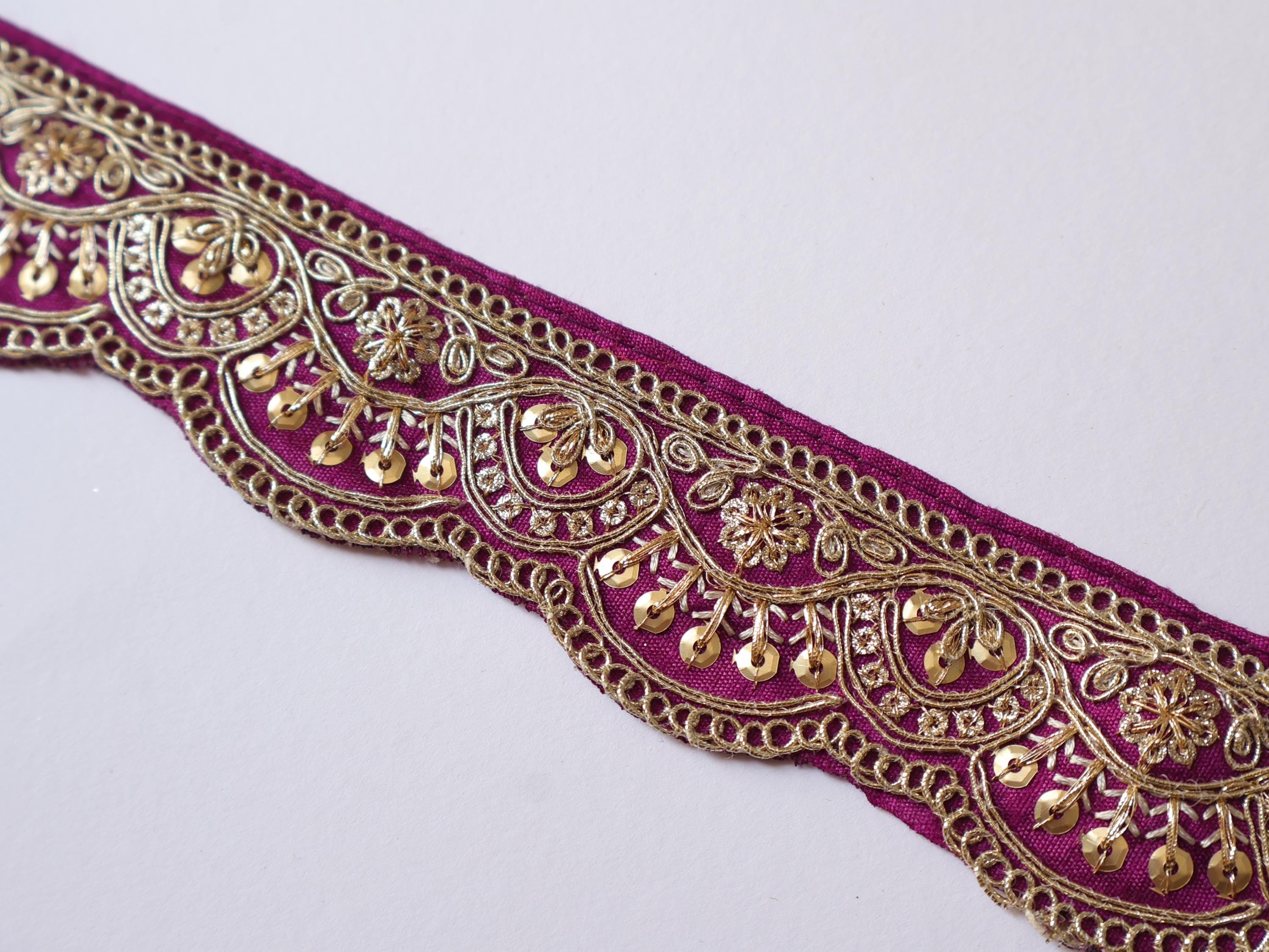 Pink/ Purple Zari Embroidered Trim: Floral Indian Sari Lace 9 Yards