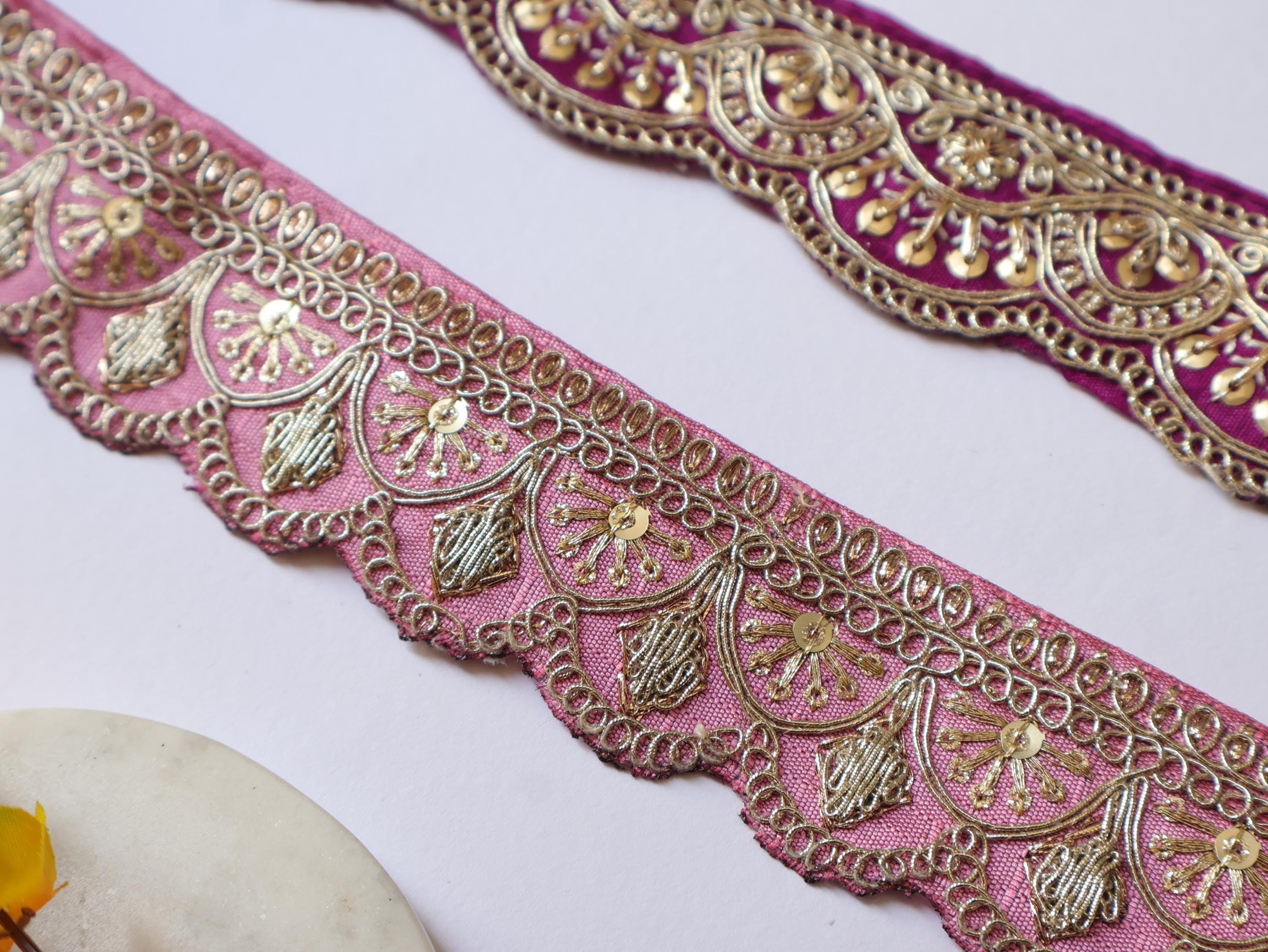 Pink/ Purple Zari Embroidered Trim: Floral Indian Sari Lace 9 Yards