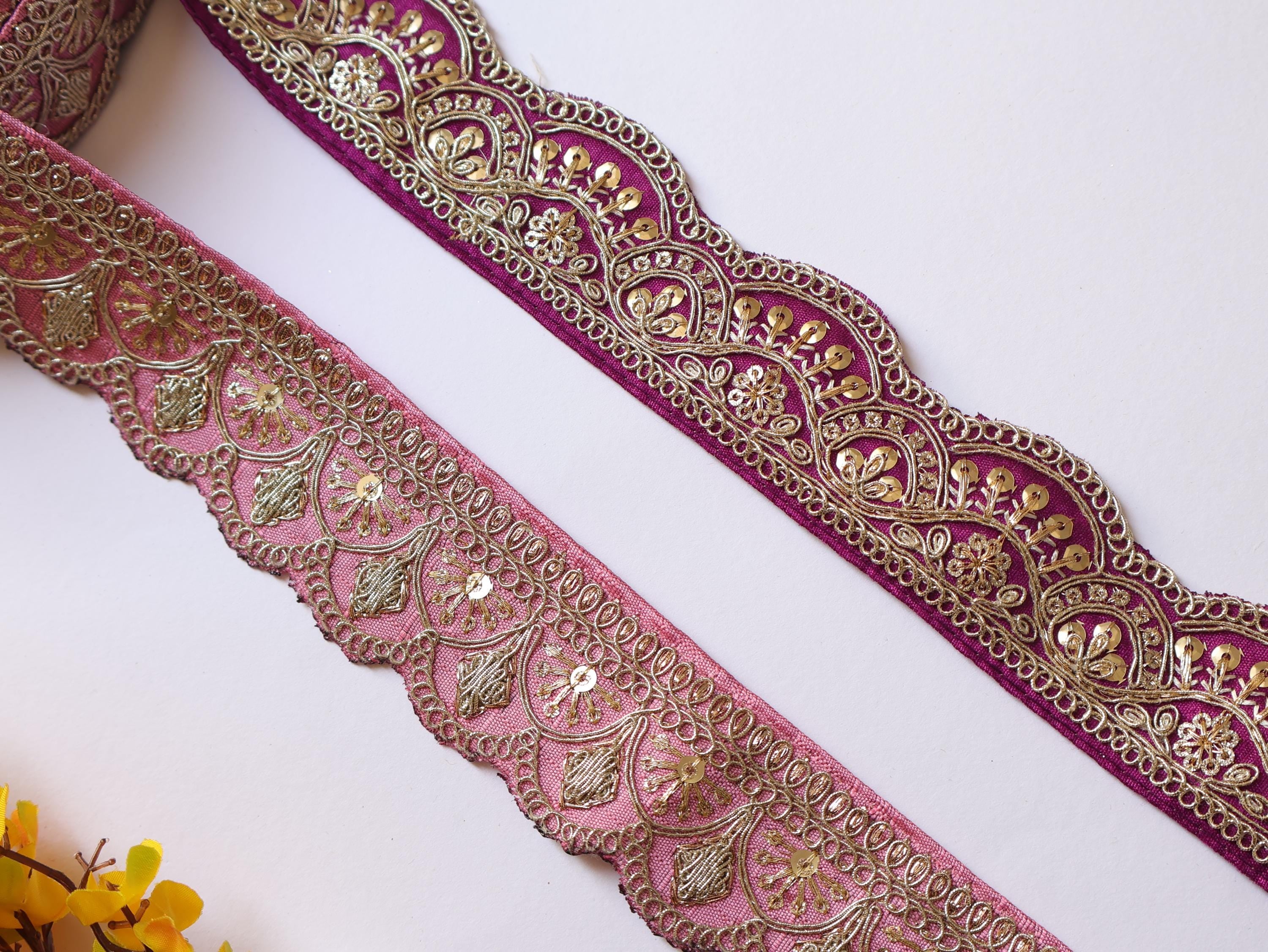 Pink/ Purple Zari Embroidered Trim: Floral Indian Sari Lace 9 Yards