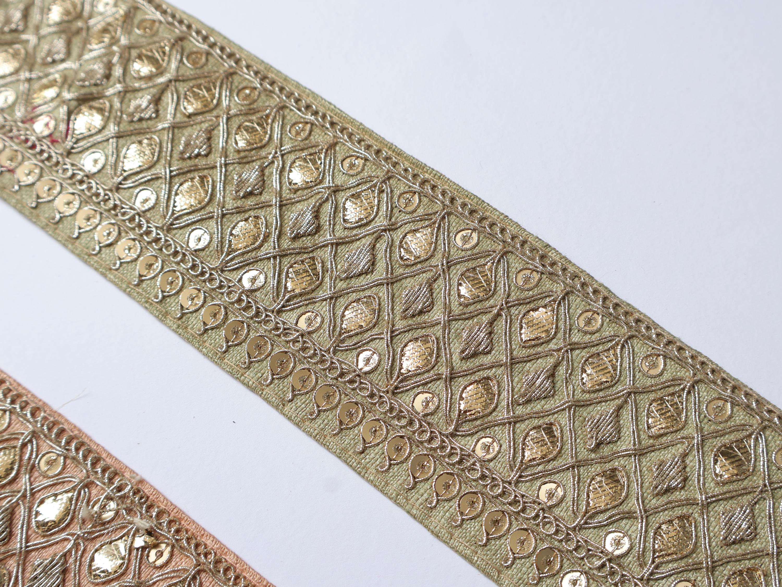 Peach/ Pista Gota Embroidered Trim: Floral Indian Sari Lace 9 Yards