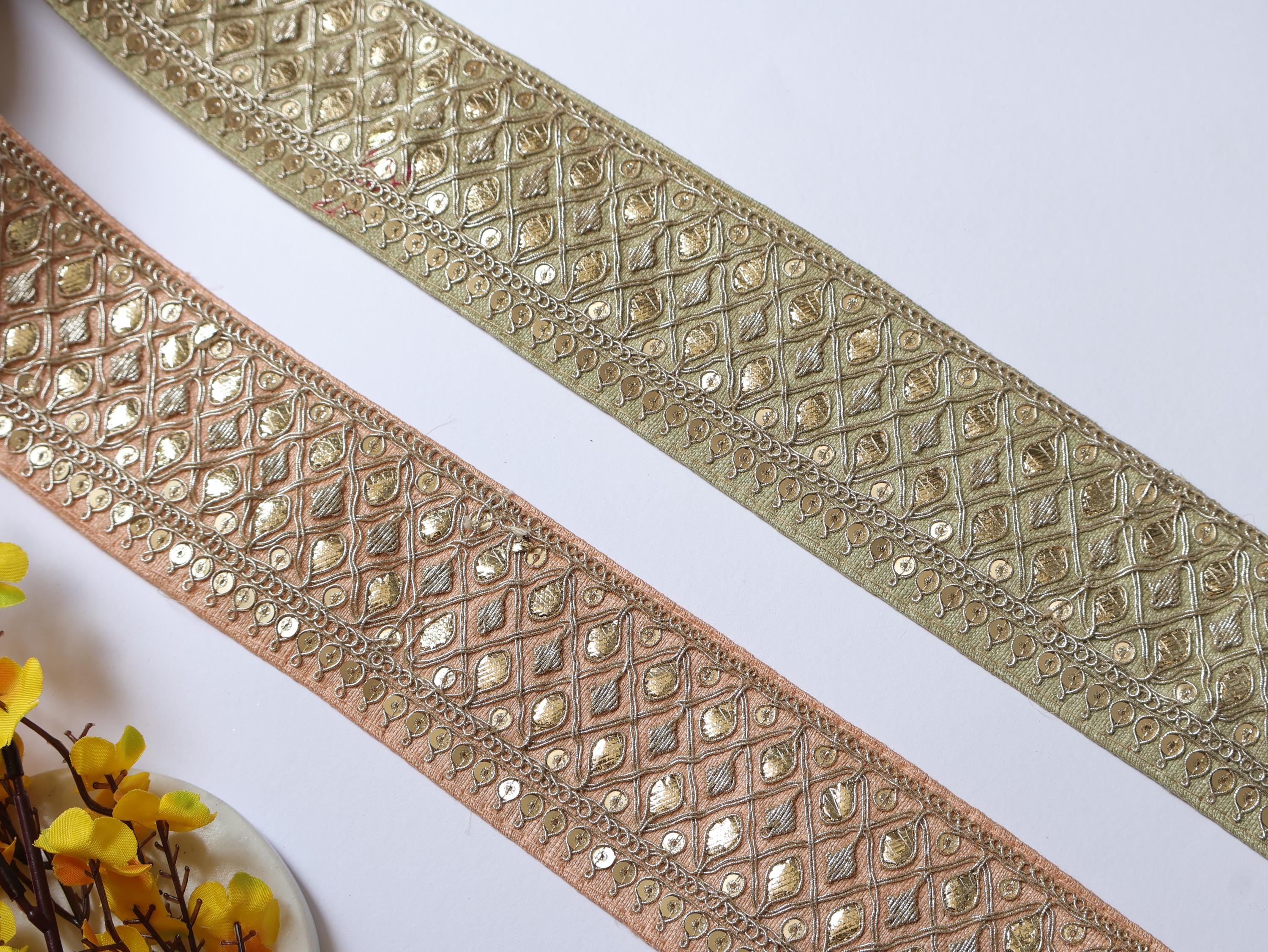 Peach/ Pista Gota Embroidered Trim: Floral Indian Sari Lace 9 Yards