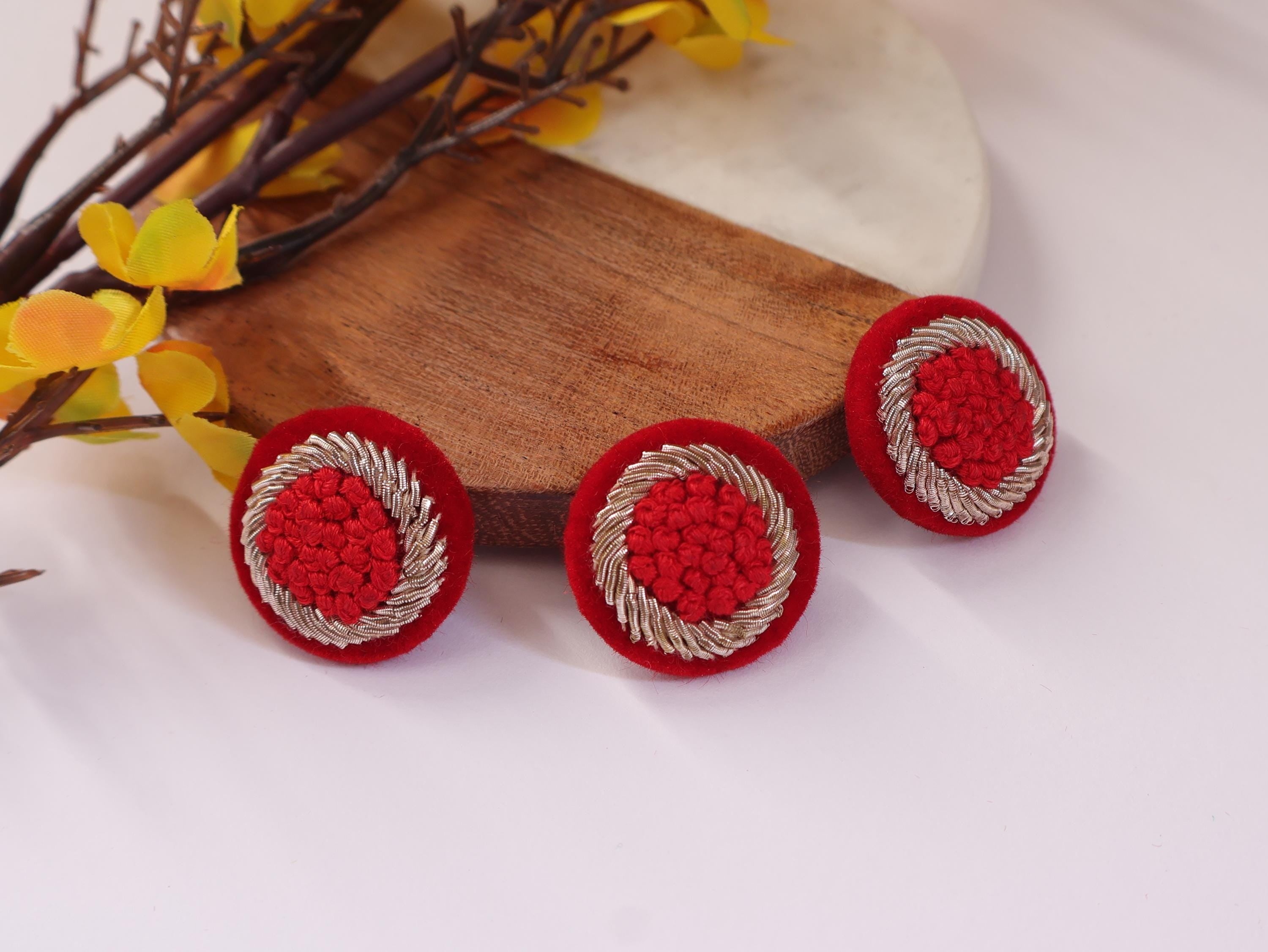 Red/ Maroon Hand Embroidered Button Set: (Pack of 3)