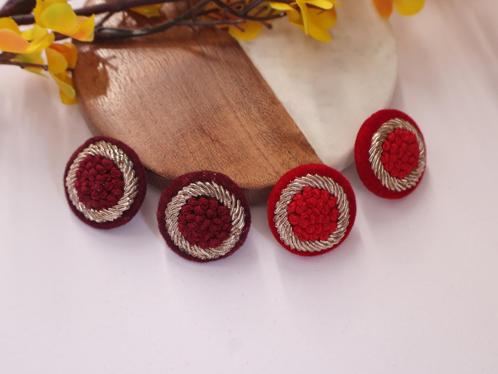 Red/ Maroon Hand Embroidered Button Set: (Pack of 3)