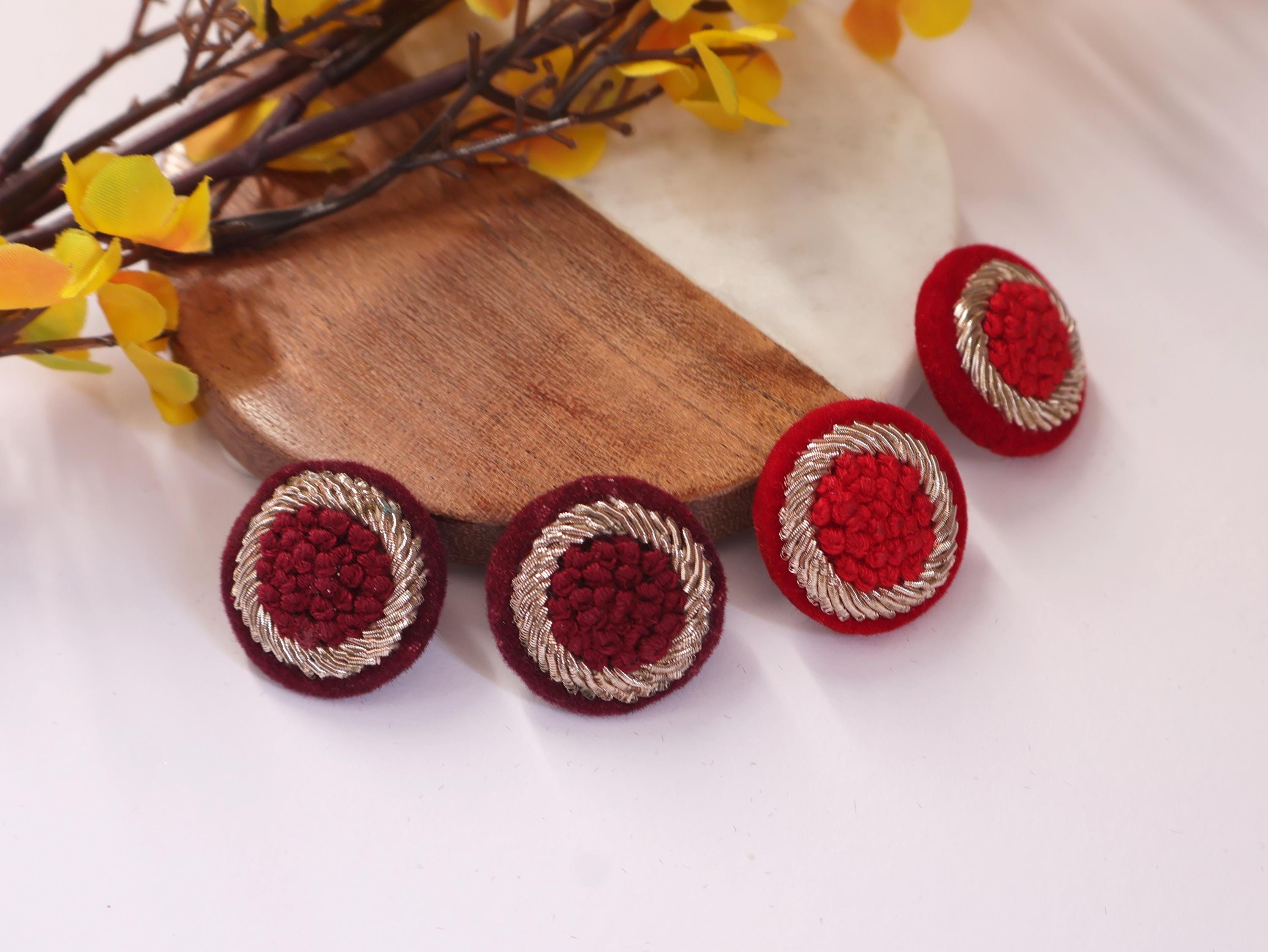 Red/ Maroon Hand Embroidered Button Set: (Pack of 3)