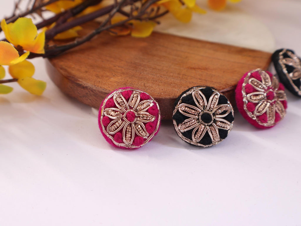 Magenta/ Black Hand Embroidered Button Set: (Pack of 6)