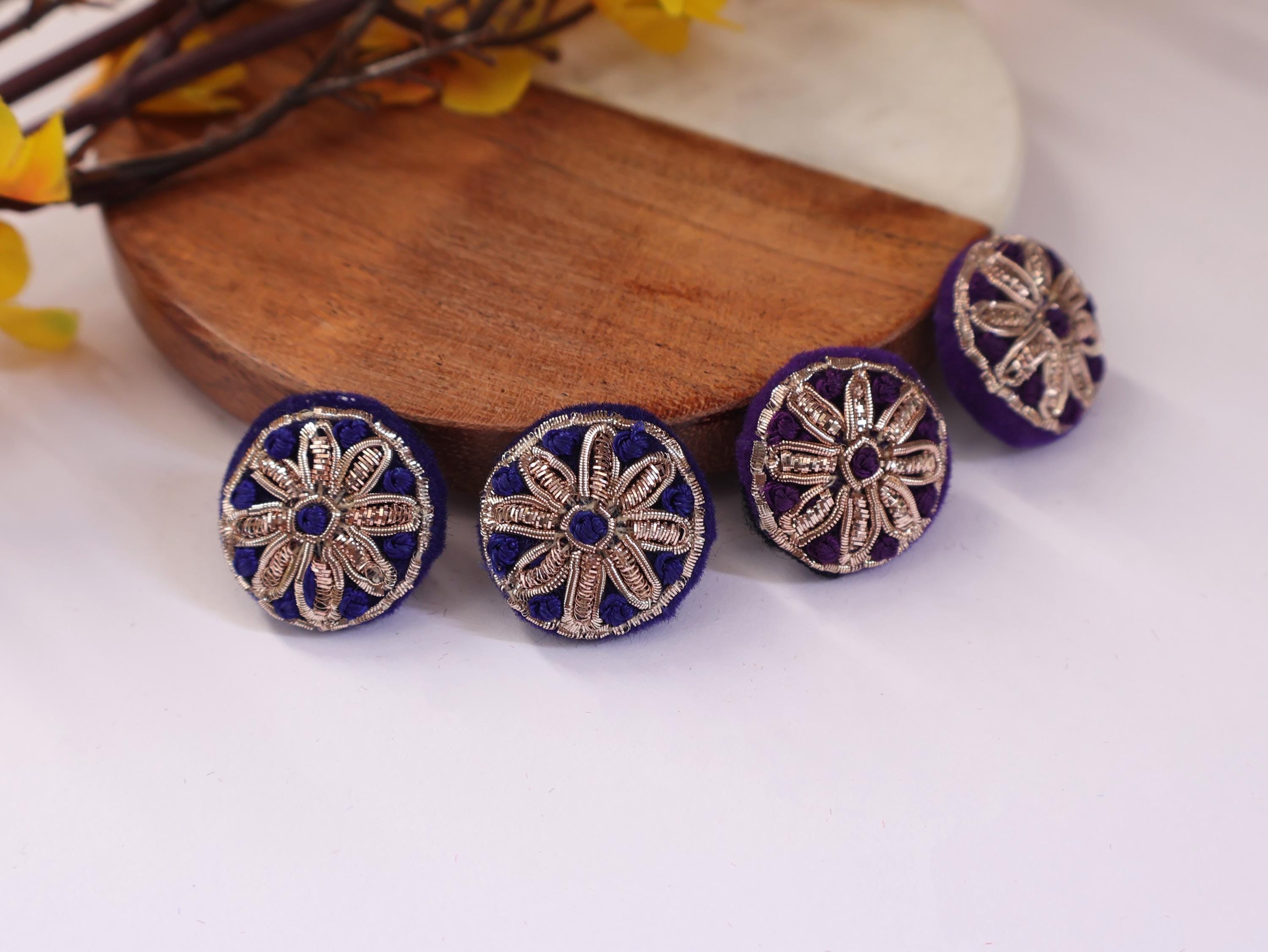 Blue/ Purple Hand Embroidered Button Set: (Pack of 6)