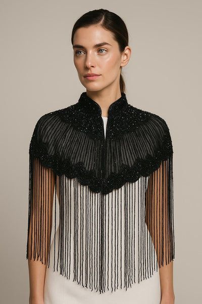 Deep Black Beaded Bridal Cape: Wedding & Evening Cover-Up