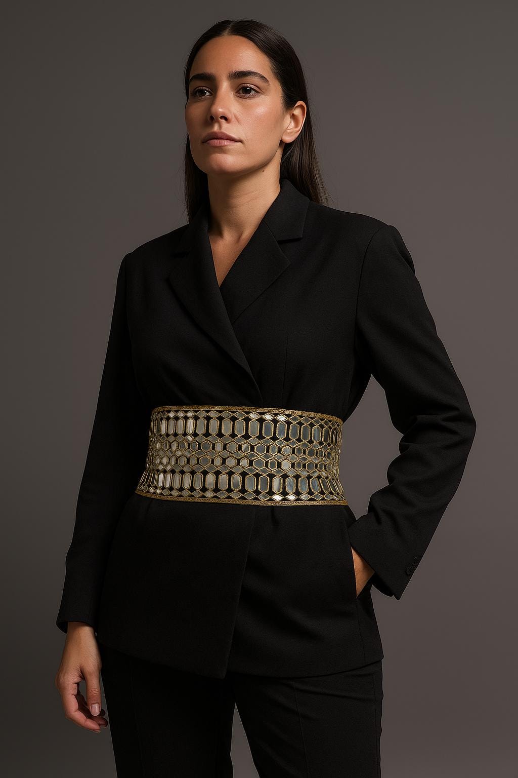 Antique Gold Statement Waist Belt: Mirror Design, Adjustable Chain