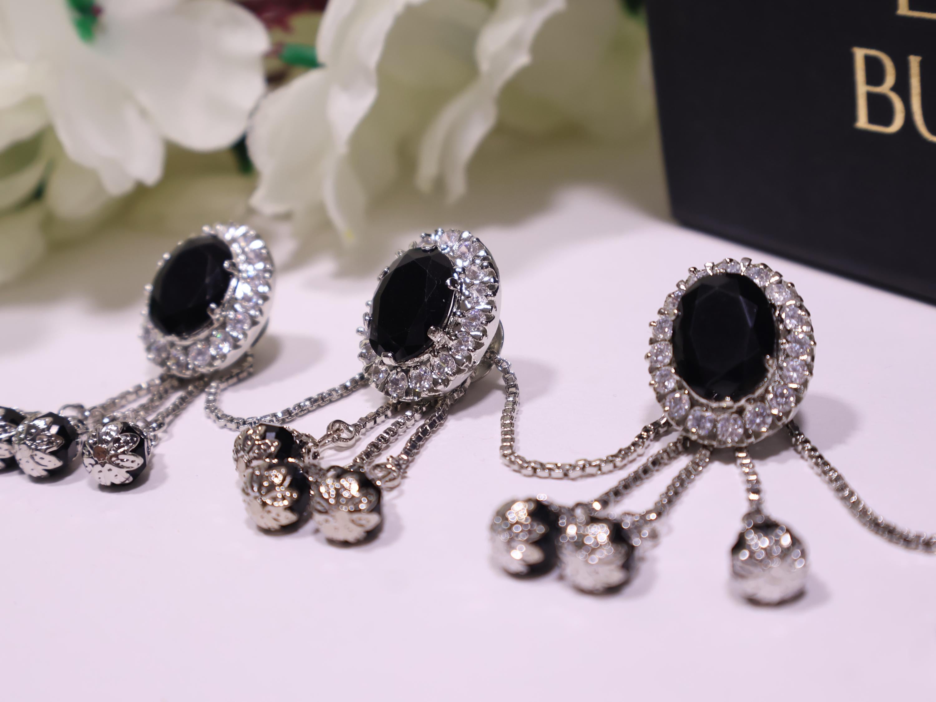 Silver Black AD Crystal Stud Buttons: Men Kurta, Set of 4