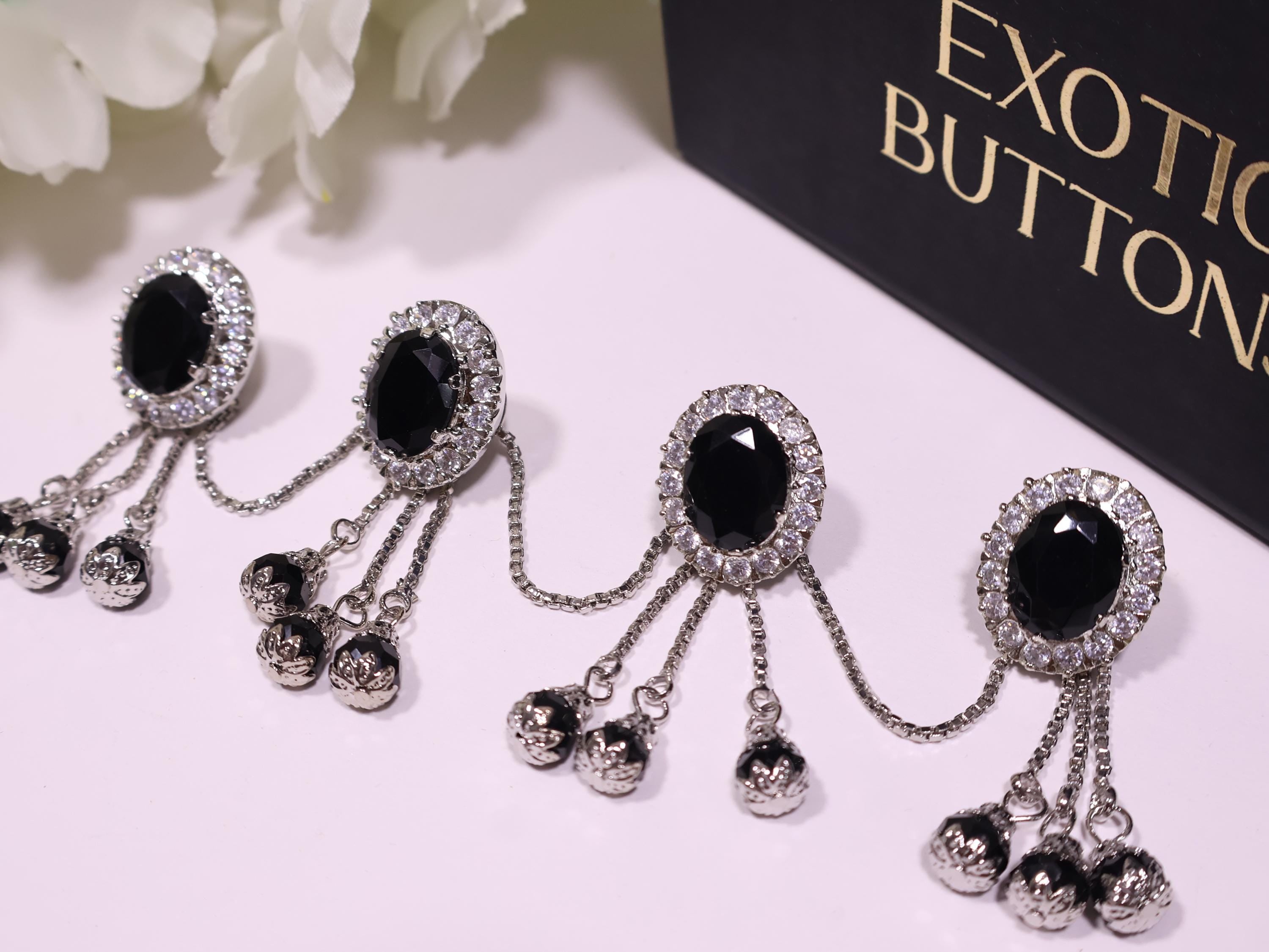 Silver Black AD Crystal Stud Buttons: Men Kurta, Set of 4