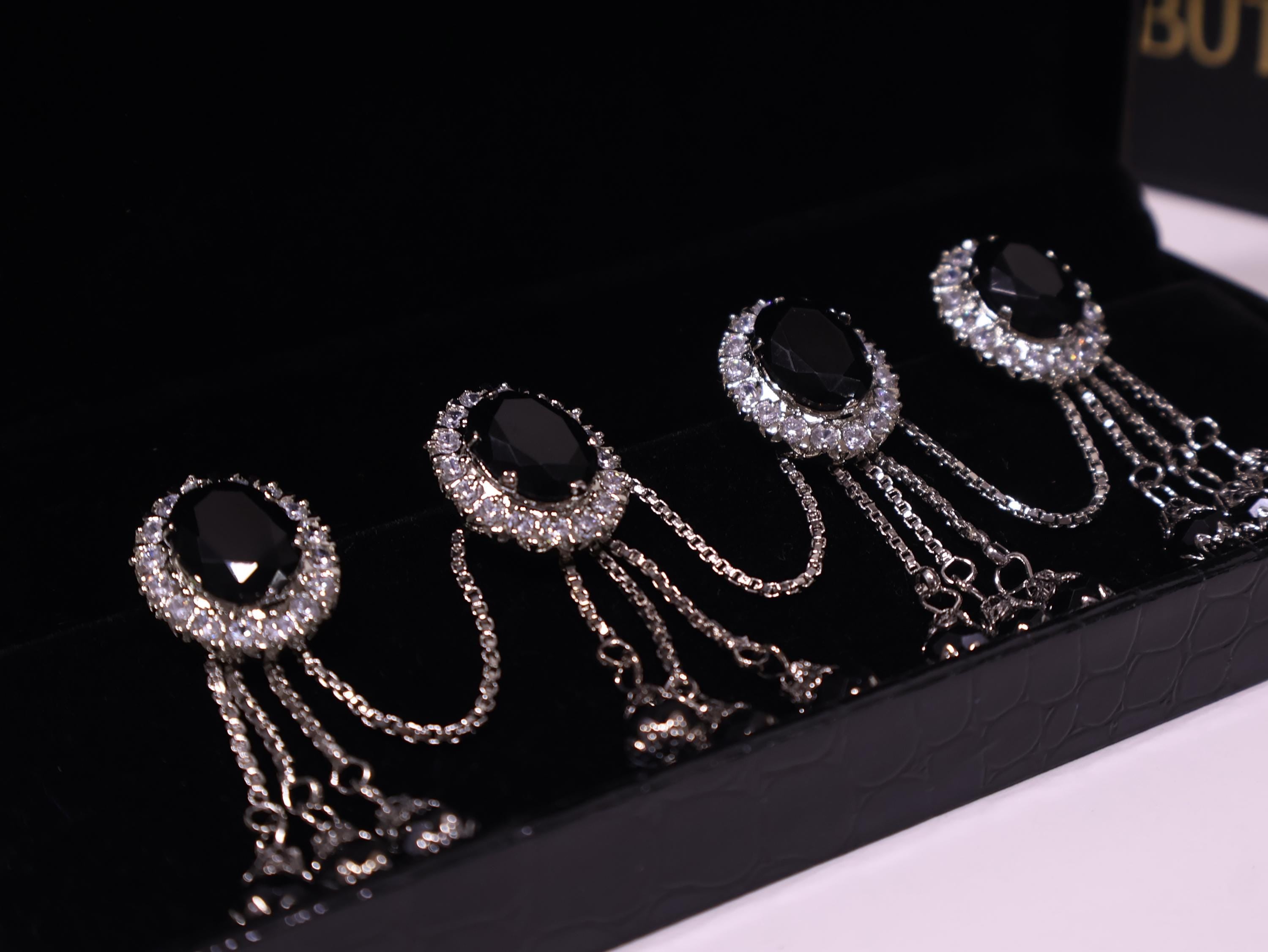 Silver Black AD Crystal Stud Buttons: Men Kurta, Set of 4