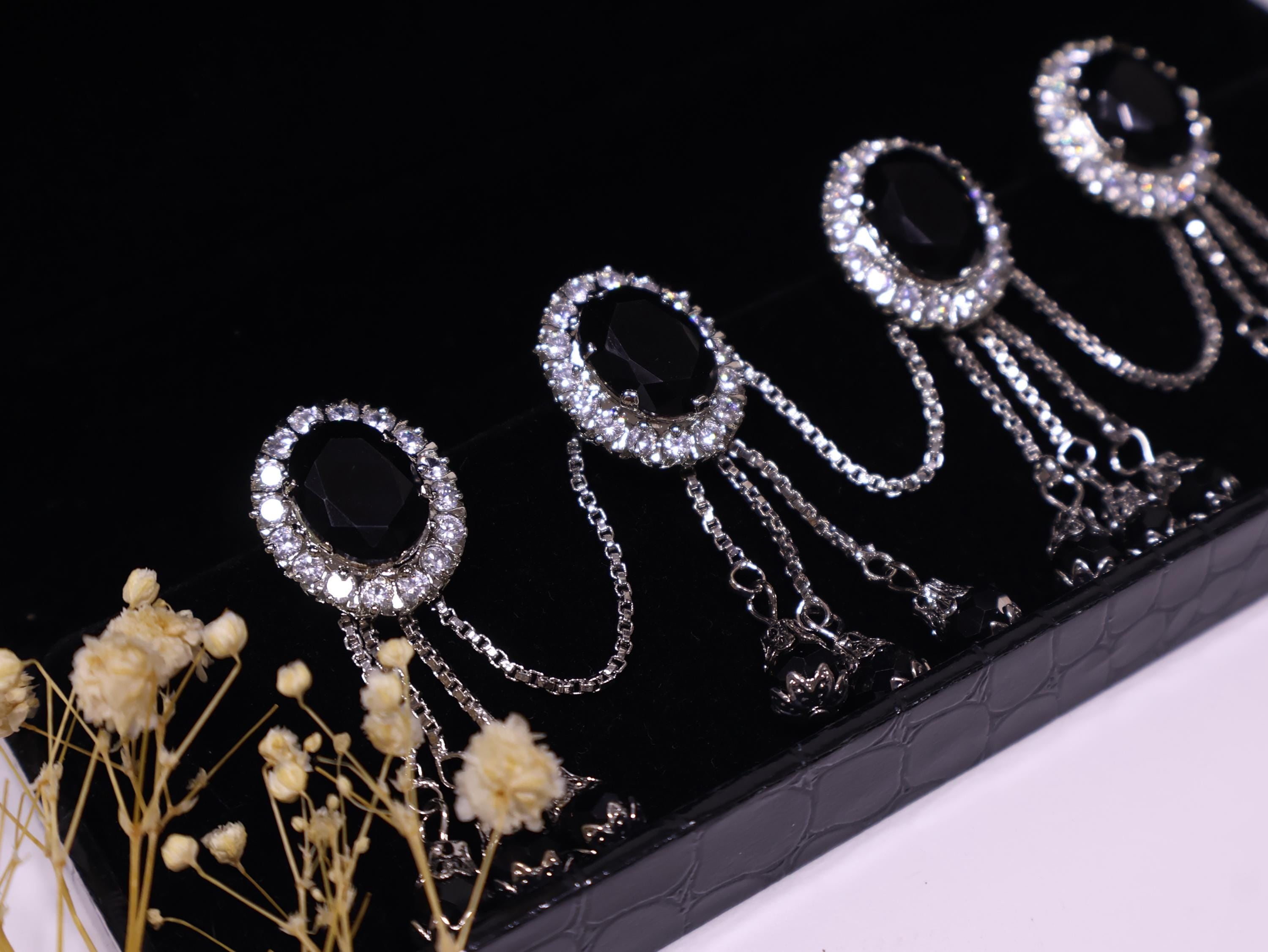 Silver Black AD Crystal Stud Buttons: Men Kurta, Set of 4