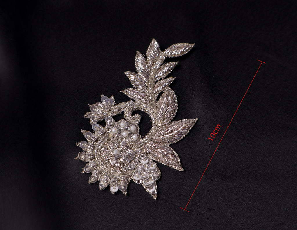 White Gold Floral Zardozi Embroidered Applique Patch (10x5 cm) 4 Pc