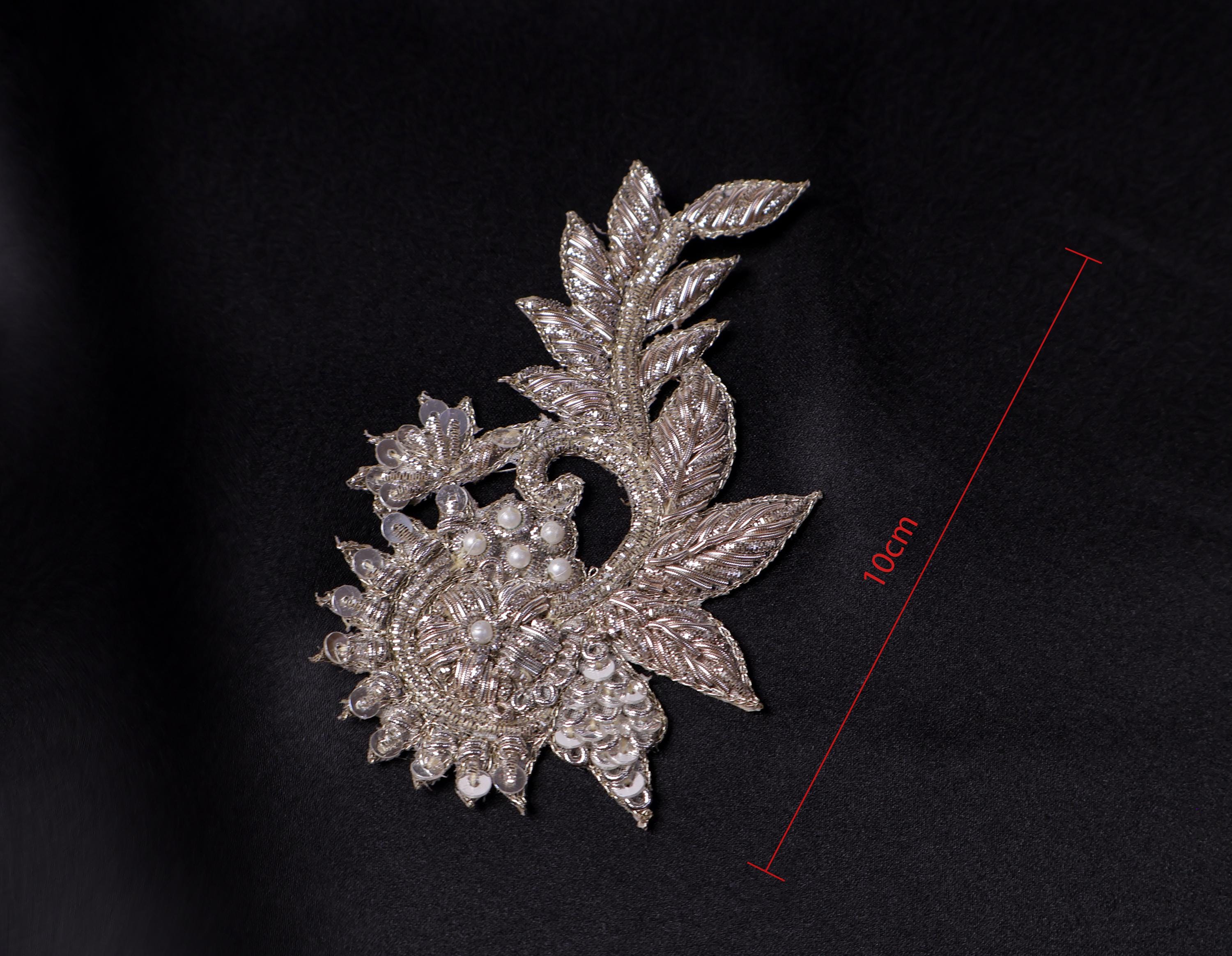 White Gold Floral Zardozi Embroidered Applique Patch (10x5 cm) 4 Pc