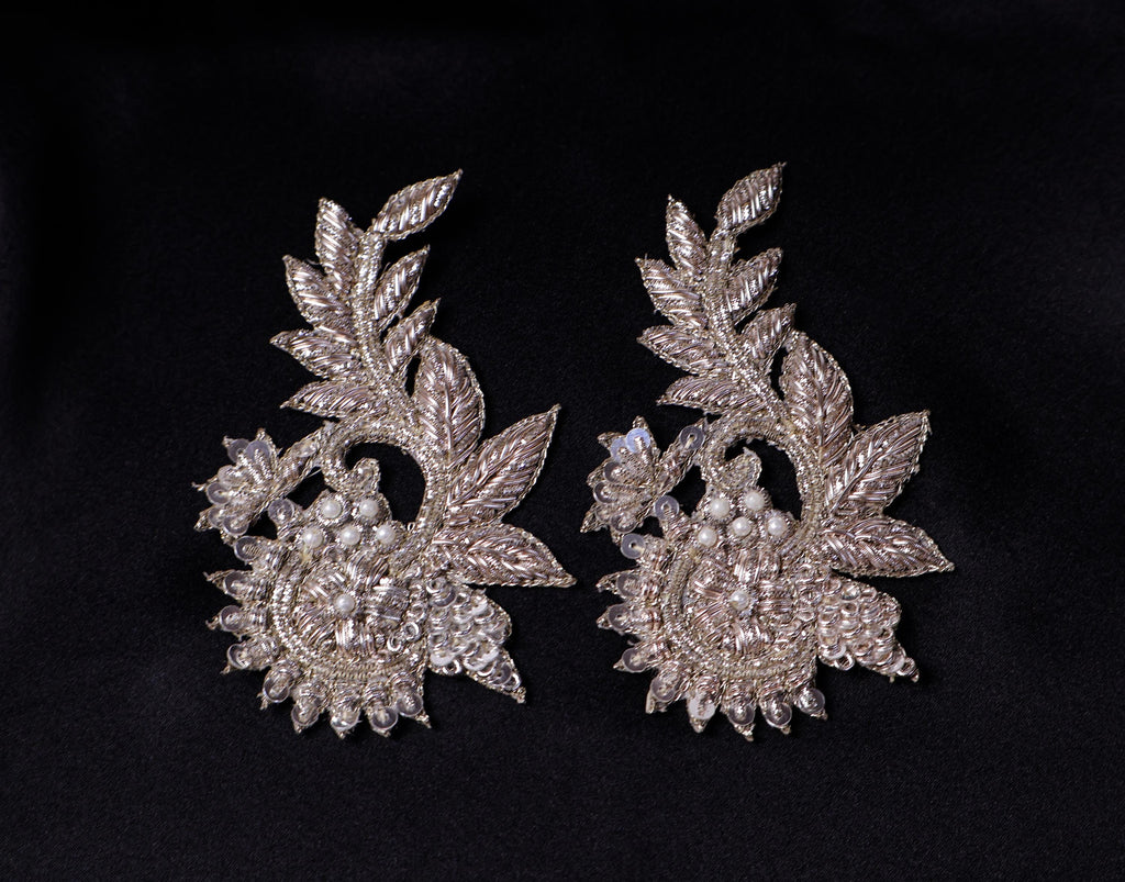White Gold Floral Zardozi Embroidered Applique Patch (10x5 cm) 4 Pc